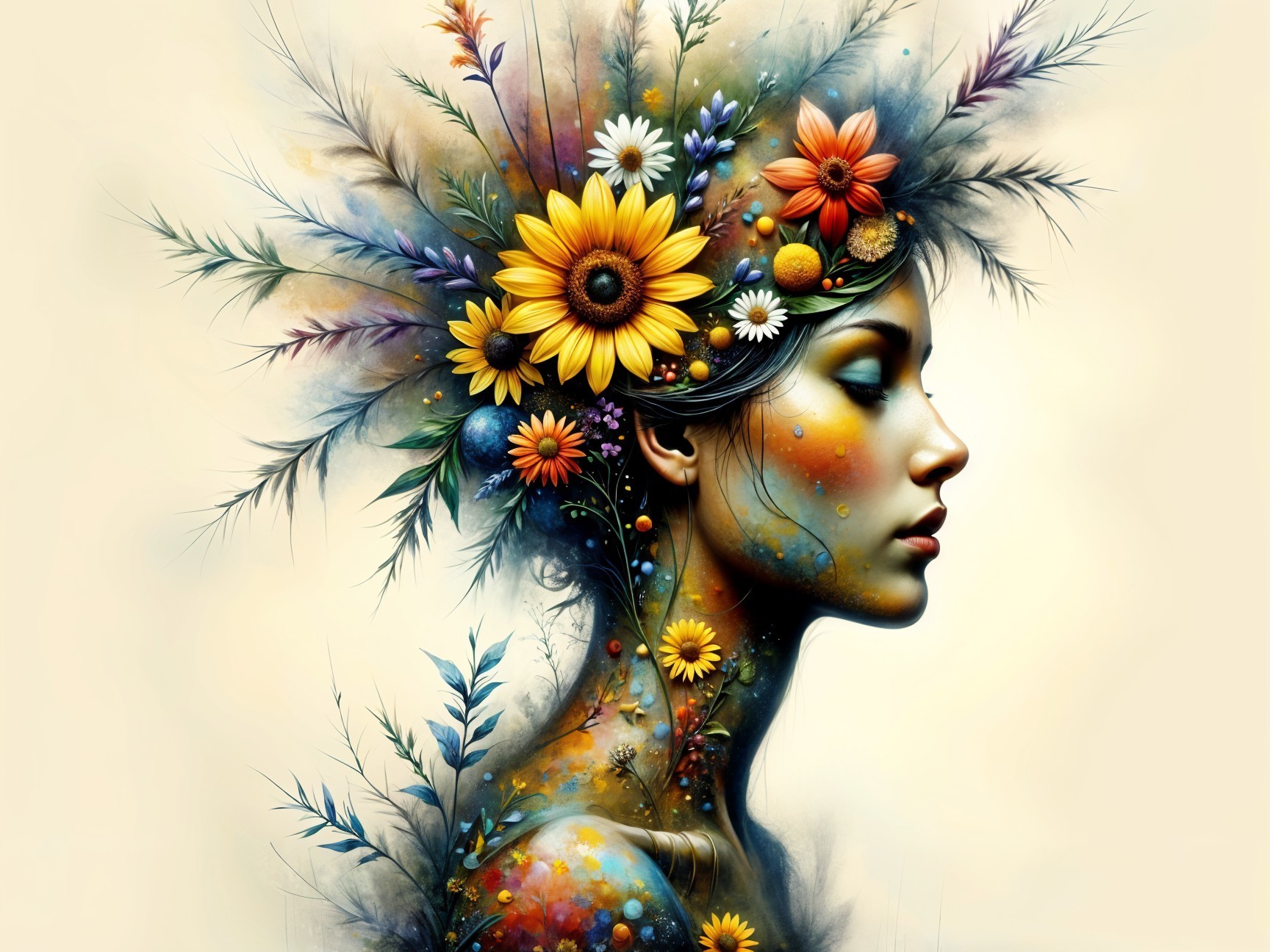 Artistic Profile of a Woman with Floral Headdress