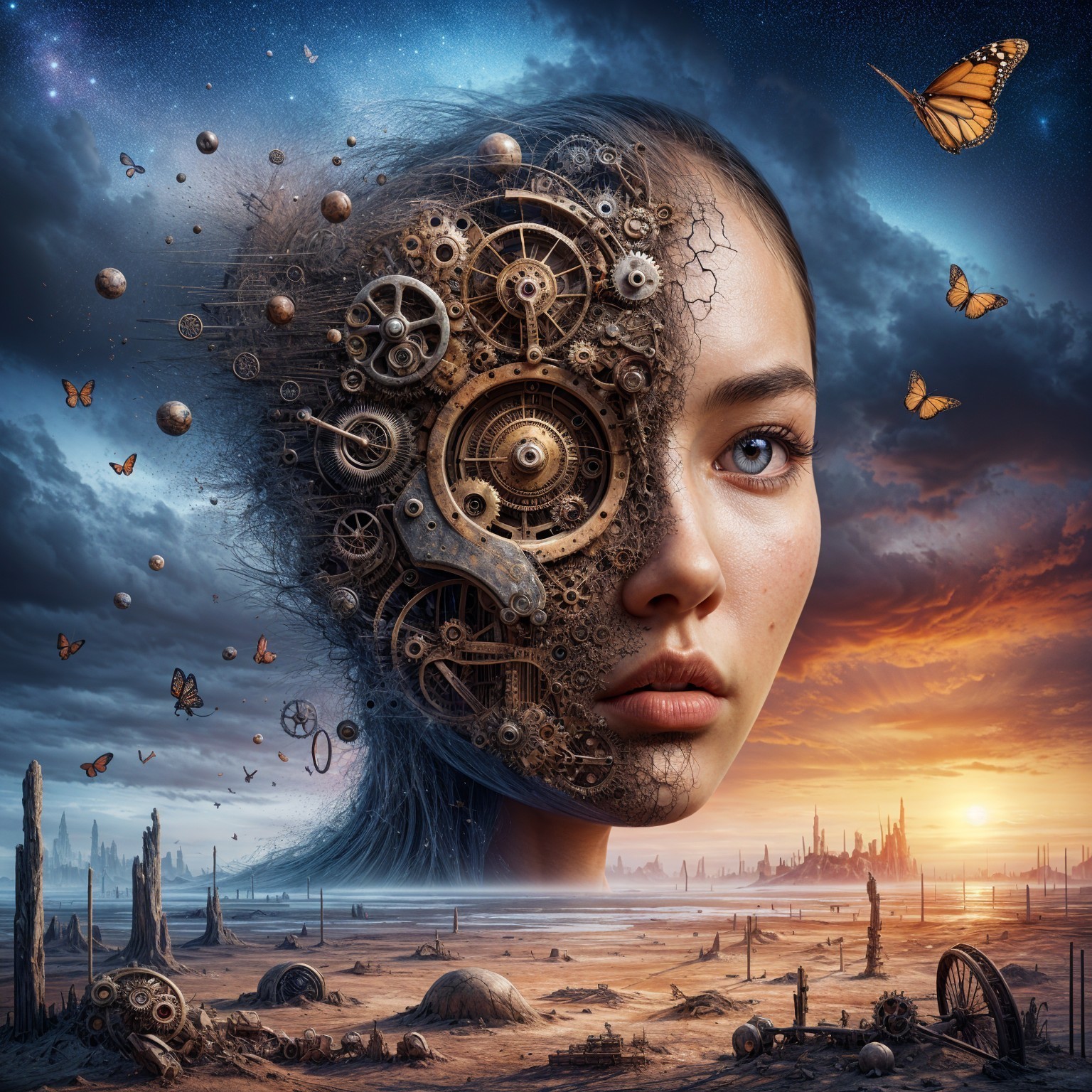 Surreal Portrait of Woman with Gears and Landscape