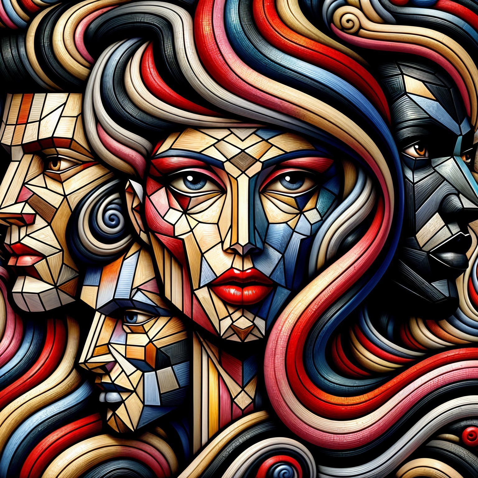 Abstract Faces with Flowing Lines in Vibrant Colors