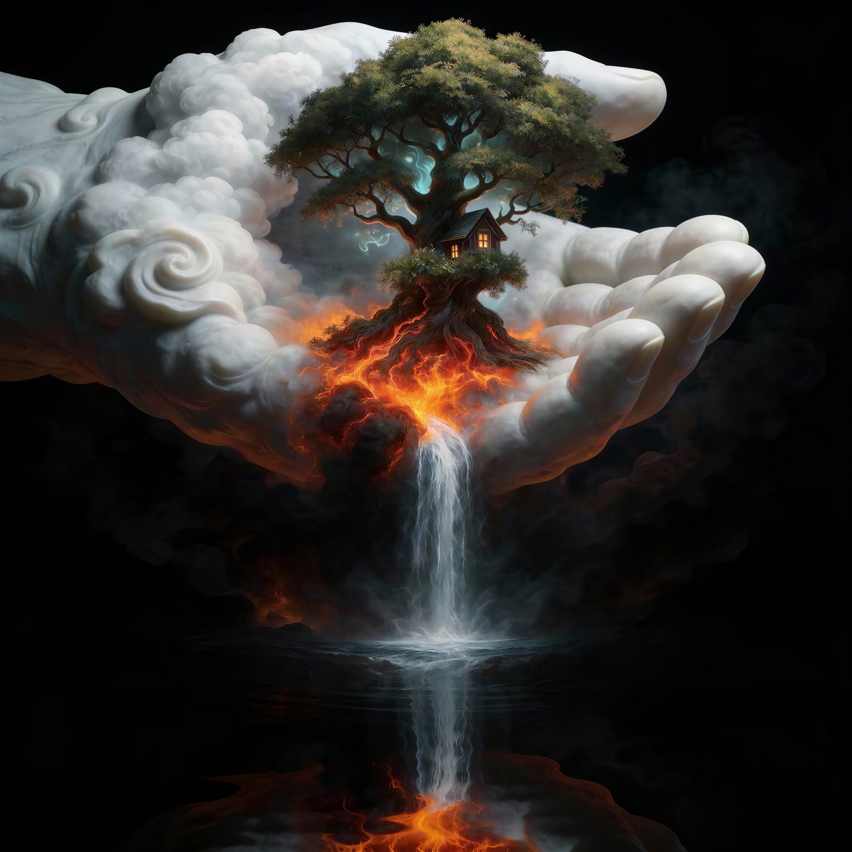 Surreal Digital Painting of Cloud Hand and Tree