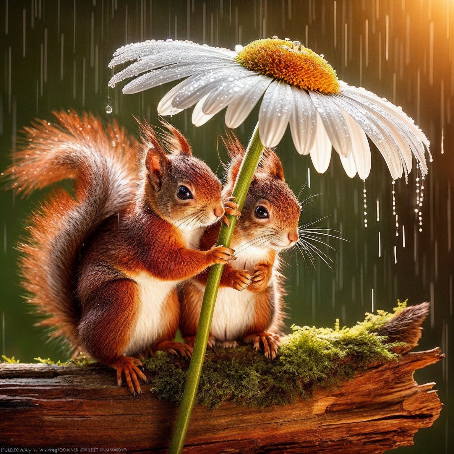 Squirrels Sheltered Under Daisy During Gentle Rain