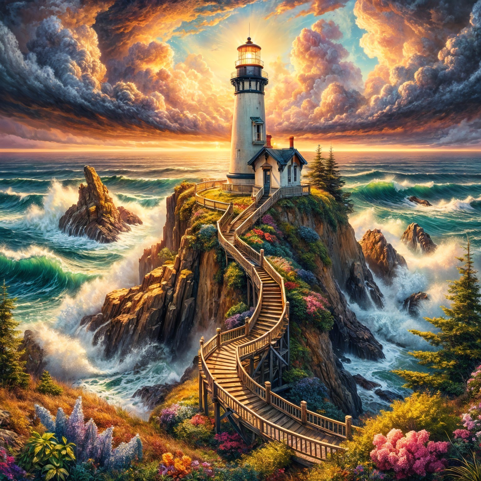 Lighthouse on Cliff with Waves and Sunset Sky