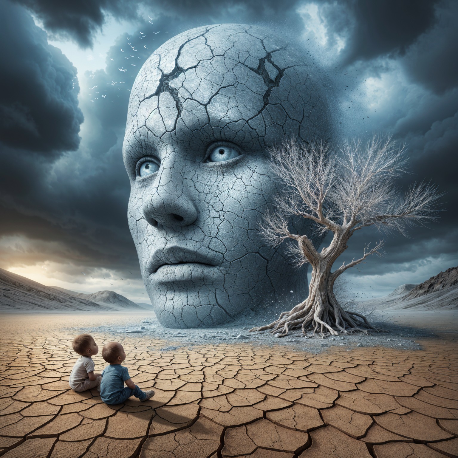 Children in Barren Landscape with Colossal Face