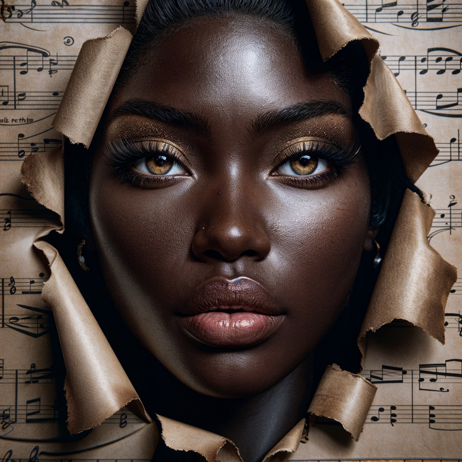 Close-Up of Young Woman with Musical Notes Background