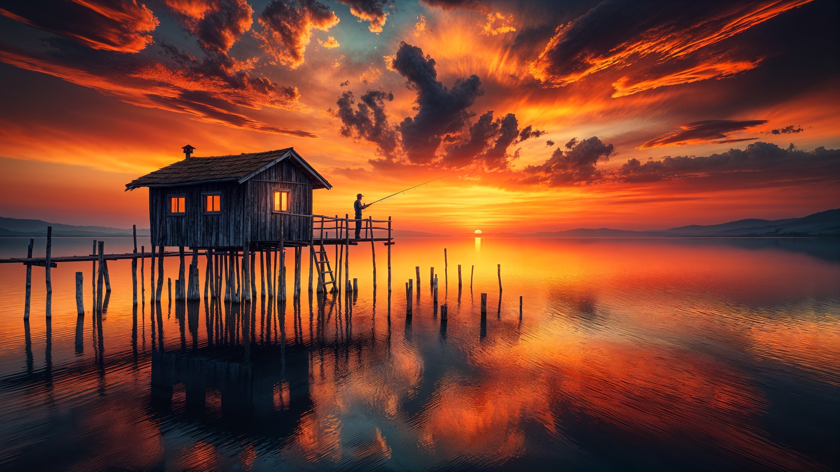 Vibrant Sunset Over Water with Fisherman on Dock