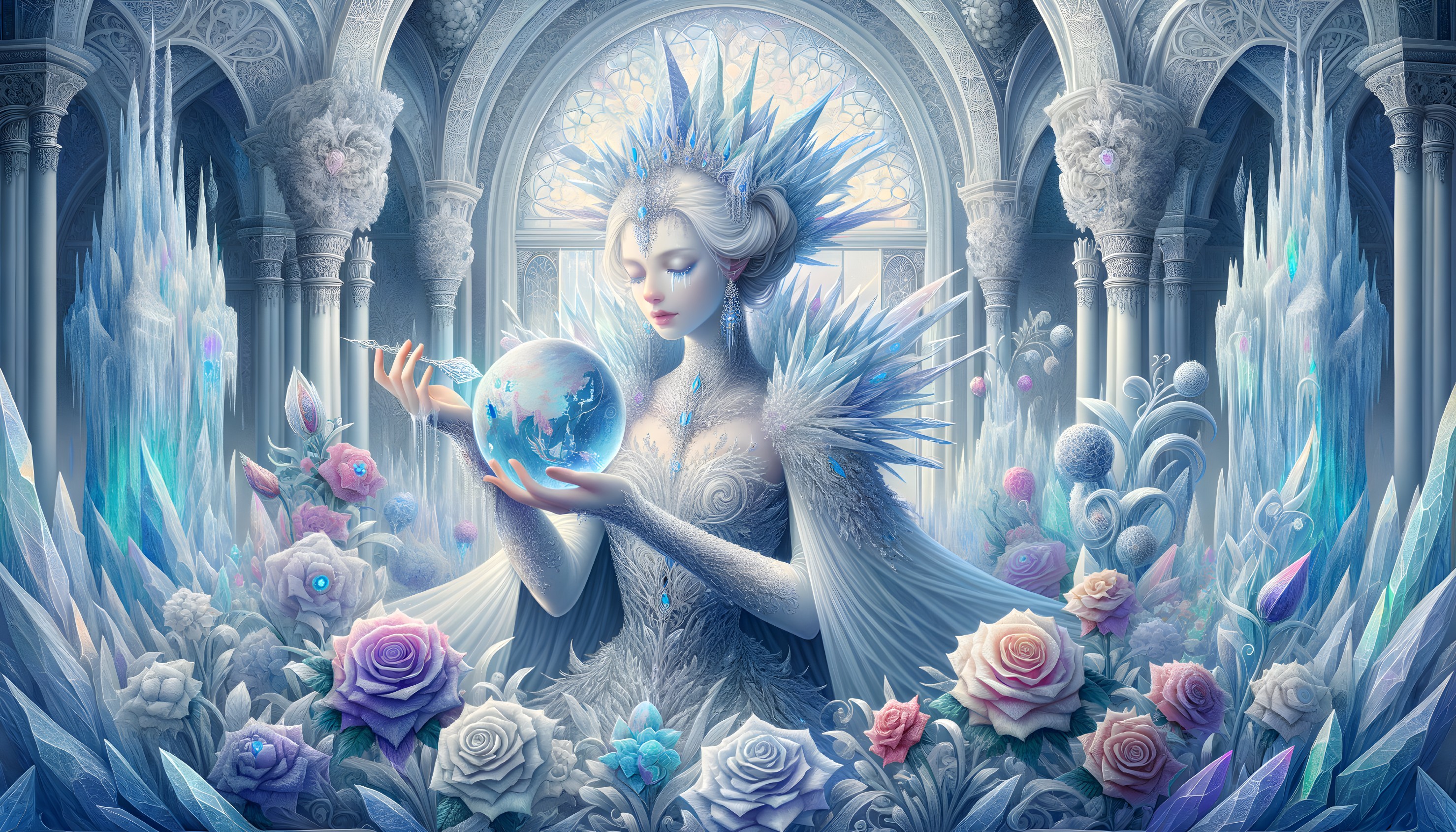 Serene Ice Queen in Ethereal Crystal Palace