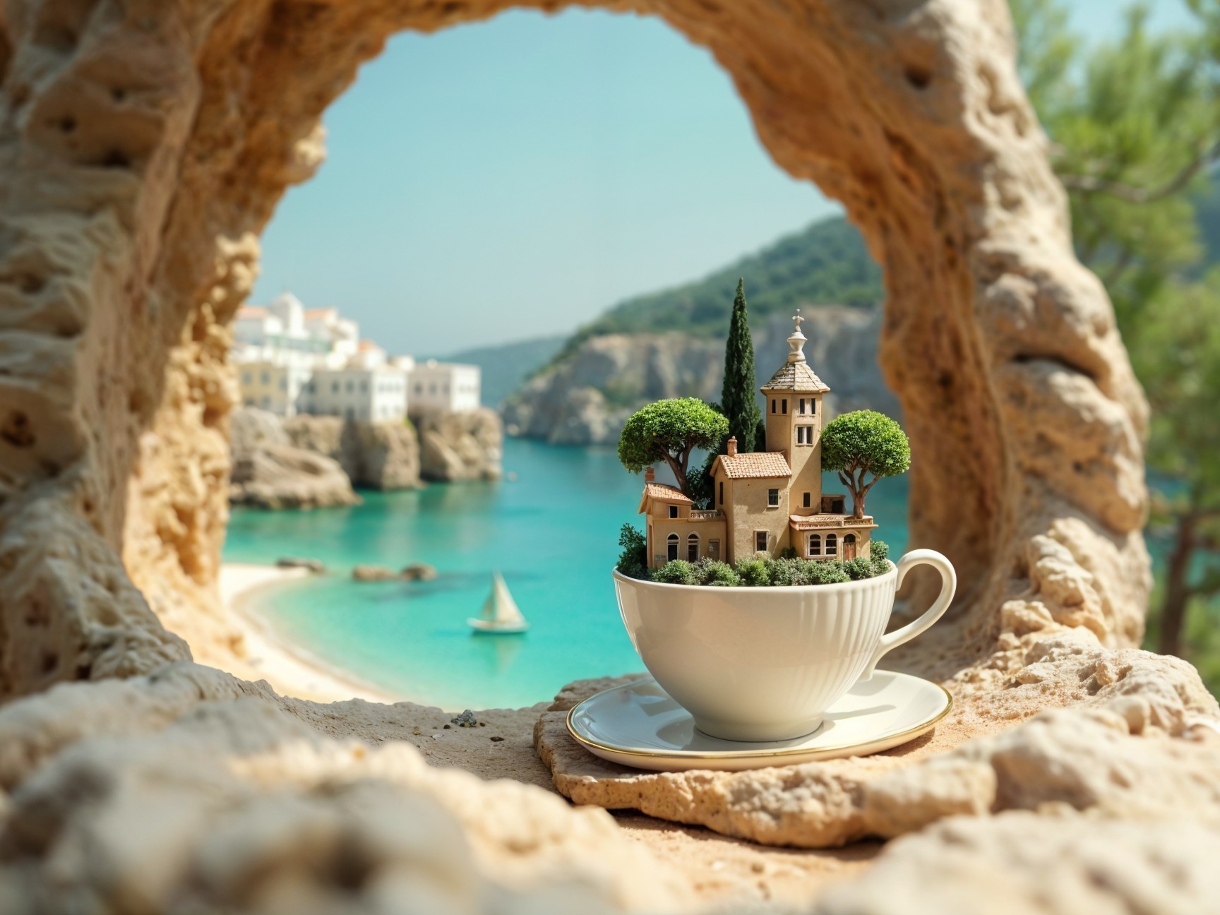 Miniature House in Teacup Surrounded by Nature