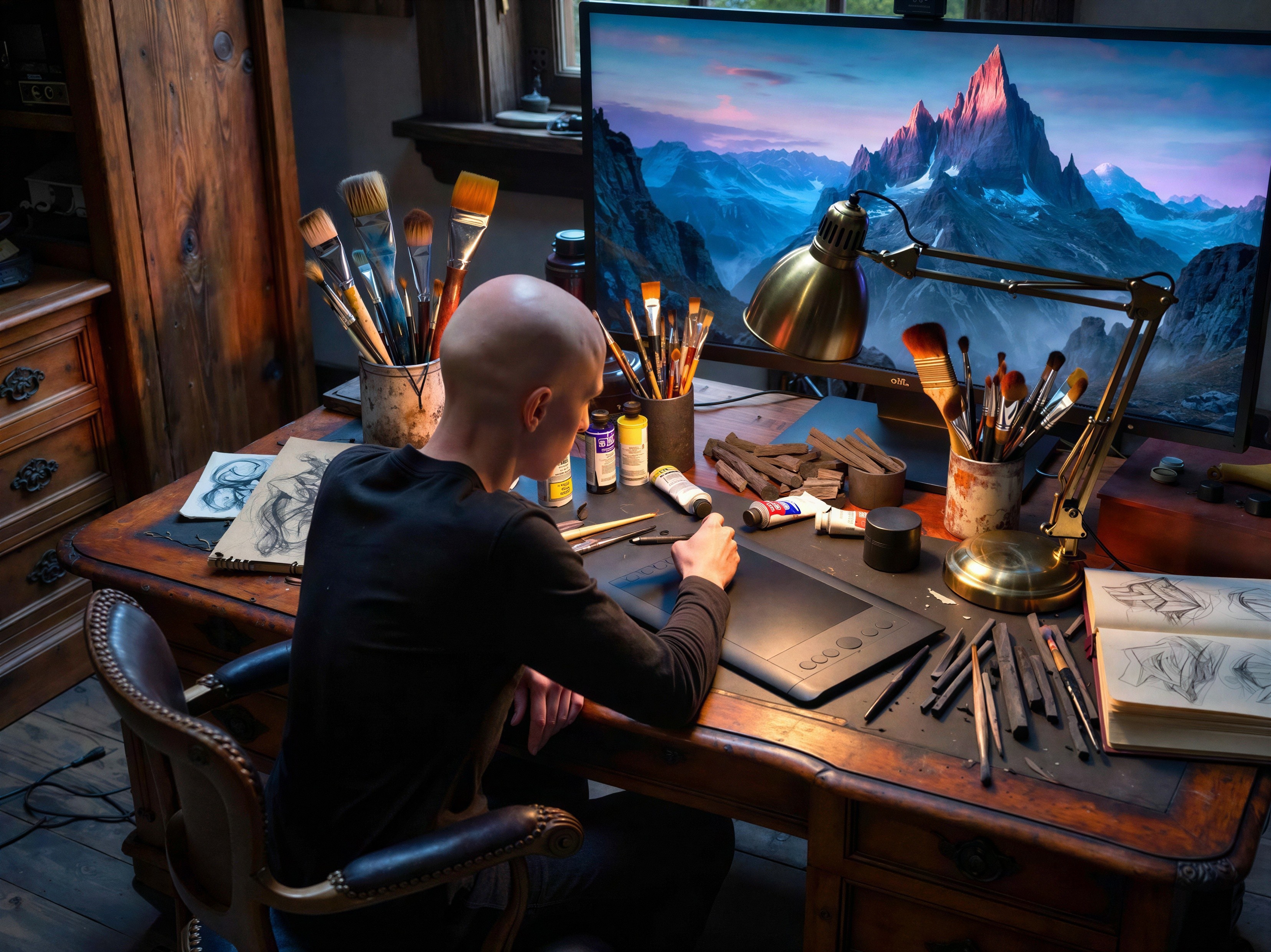 Bald man drawing at a cluttered wooden desk