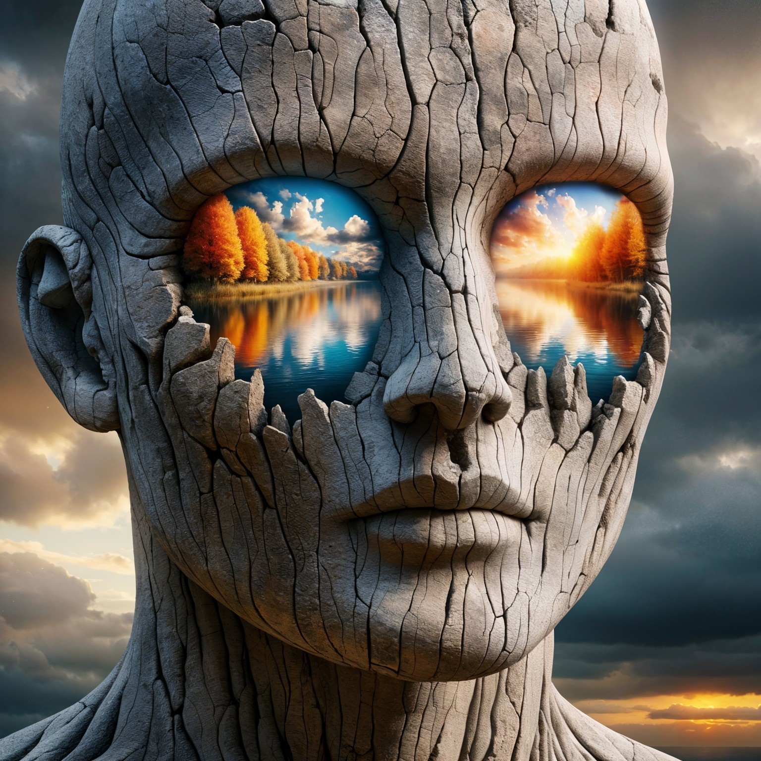 Surreal Stone Figure with Hollow Eyes and Landscapes