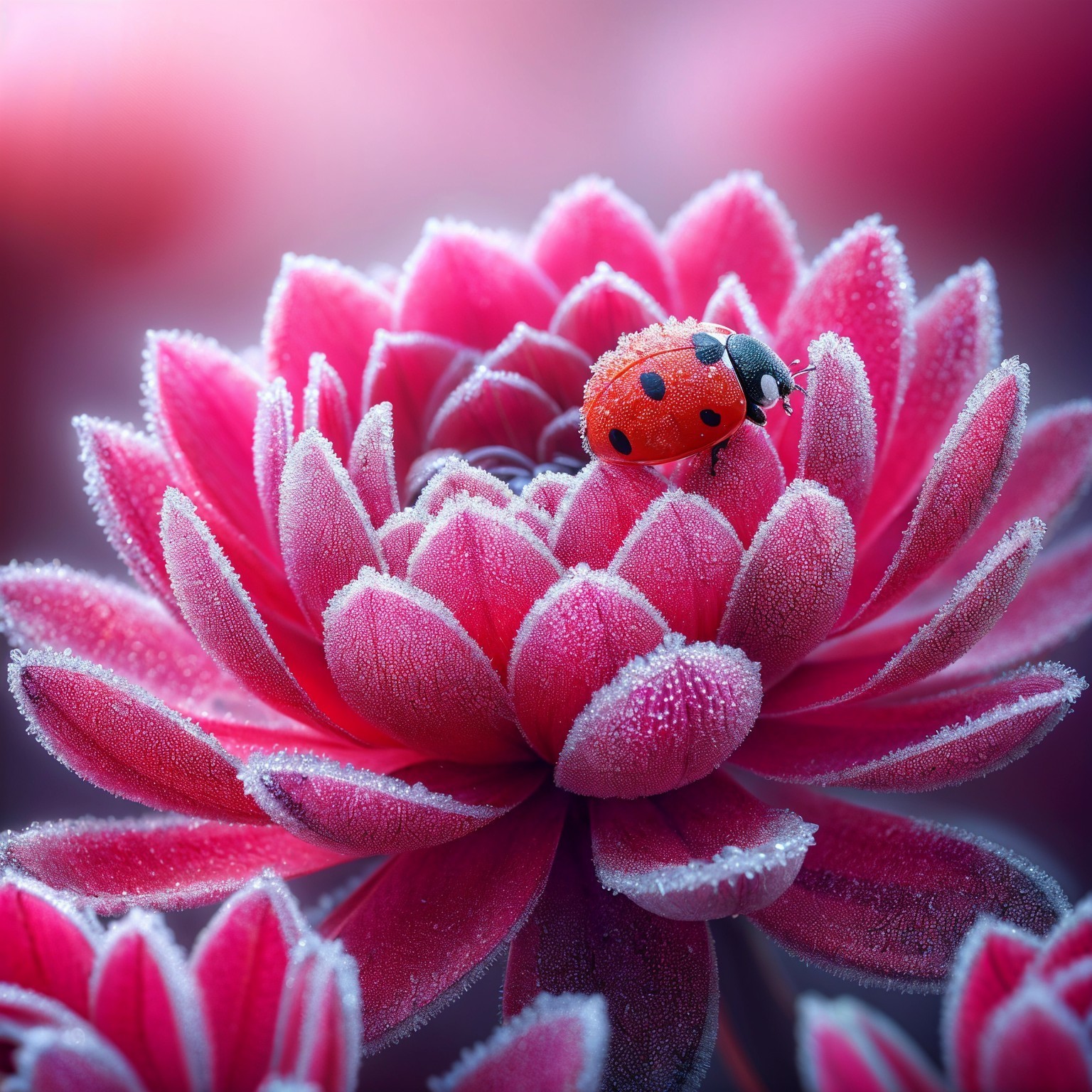 Ladybug on Frosted Pink Succulent Bloom Scene