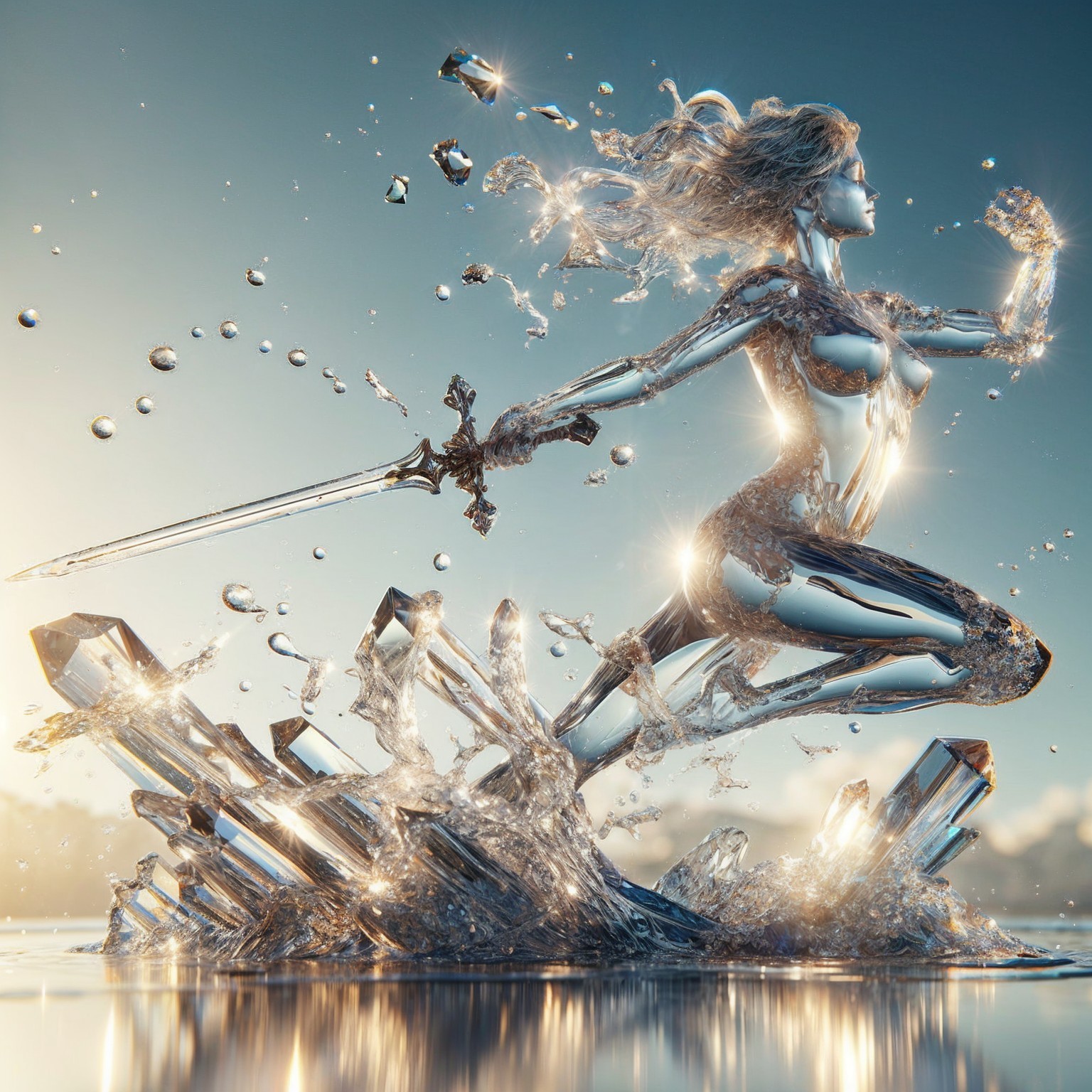Warrior Figure in Shimmering Water on Crystalline Surface