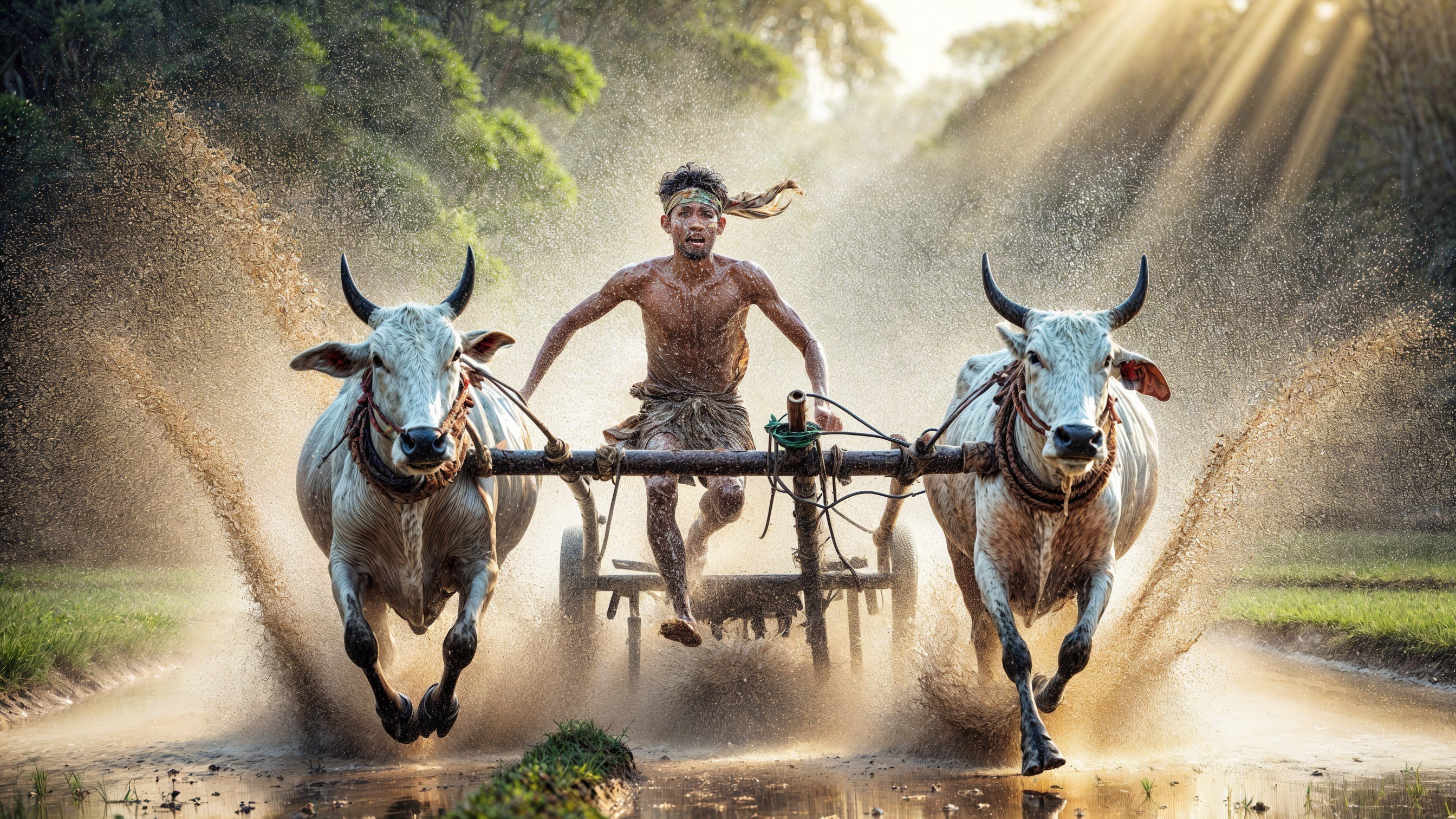 Farmer Plowing a Muddy Field with White Oxen