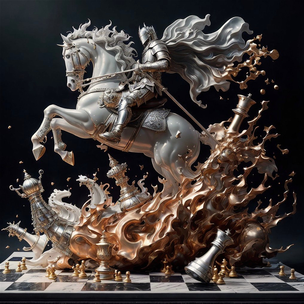Knight in Armor on Horse Amidst Flames and Chess Pieces