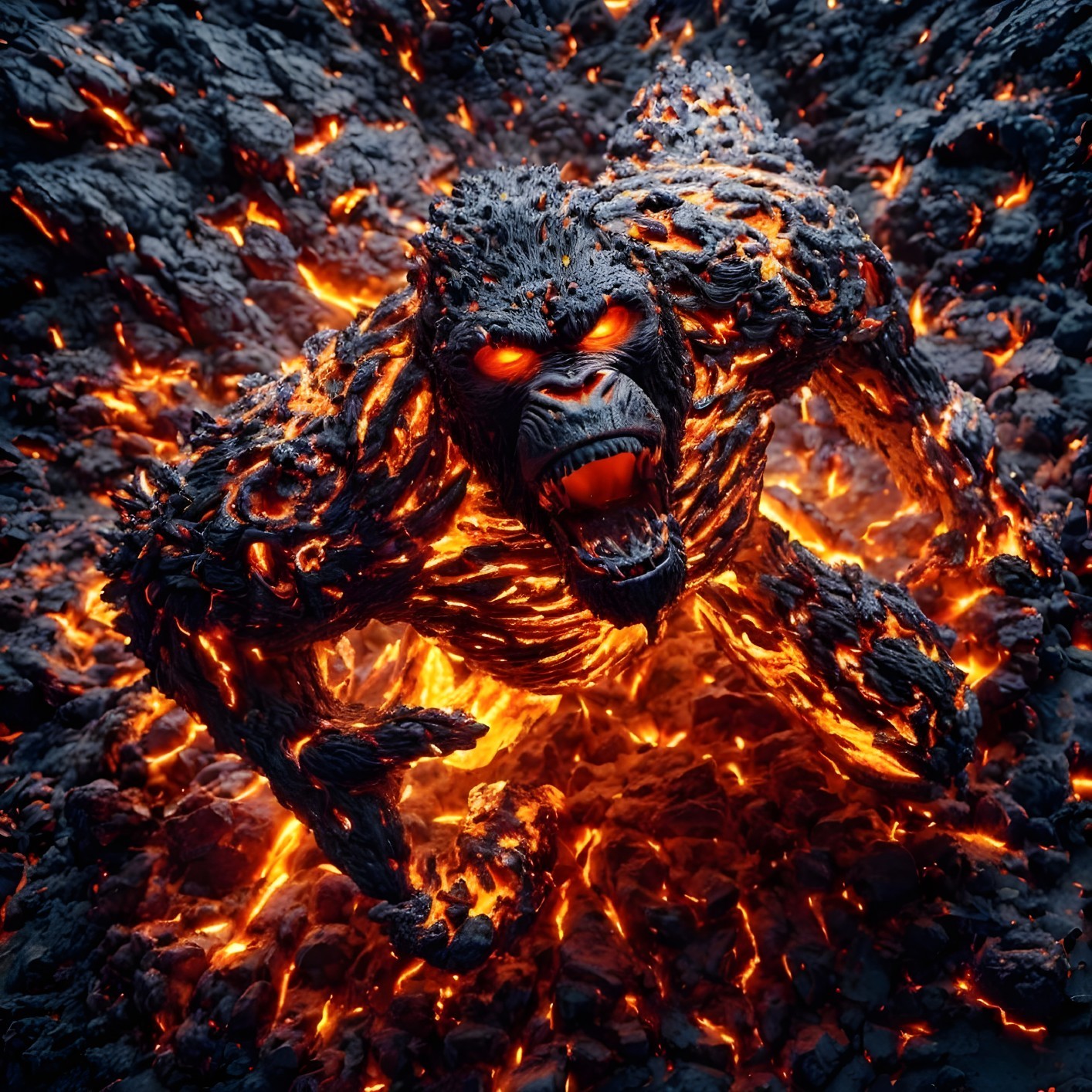 Lava-Covered Gorilla in Volcanic Landscape