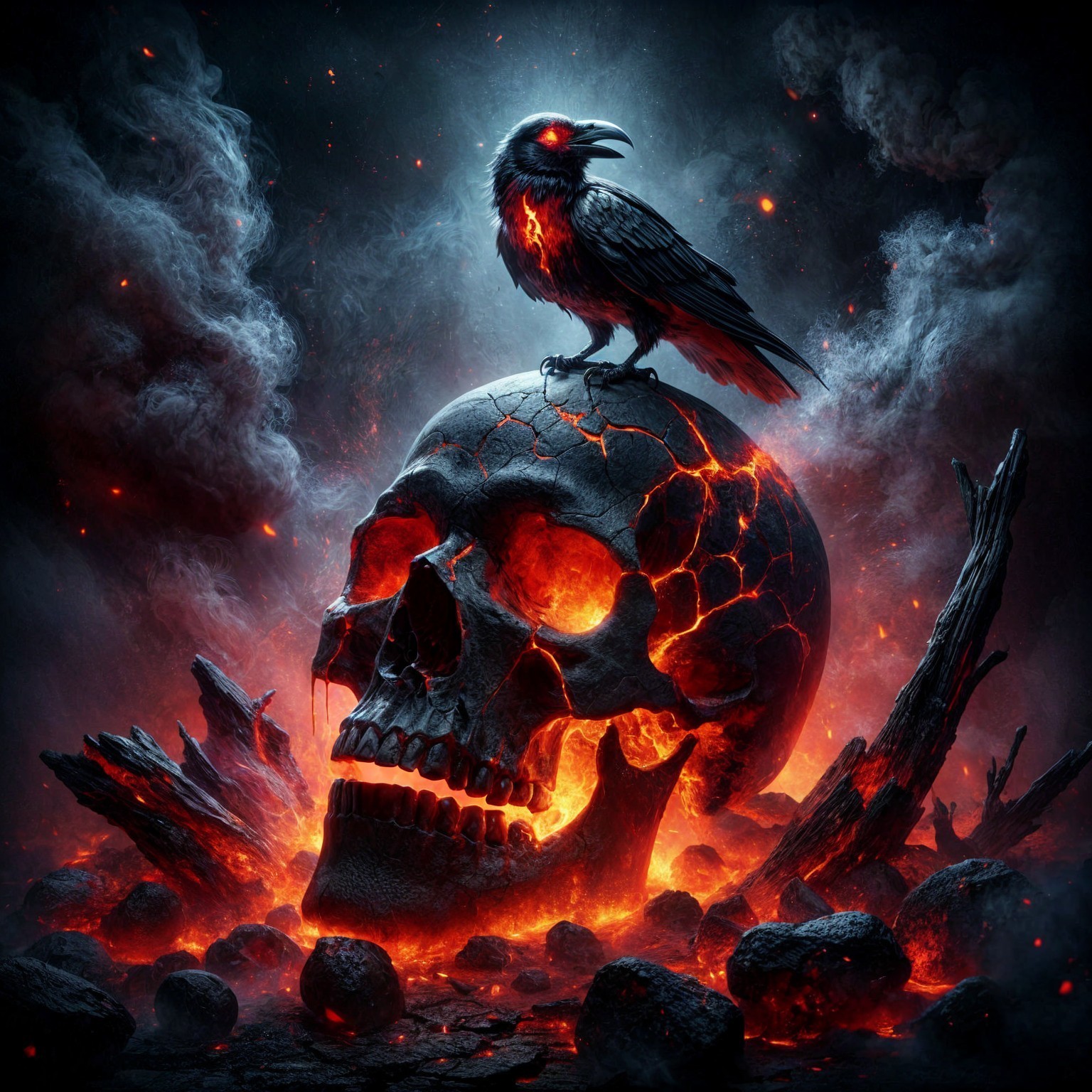 Dramatic Scene with Cracked Skull and Fiery Lava