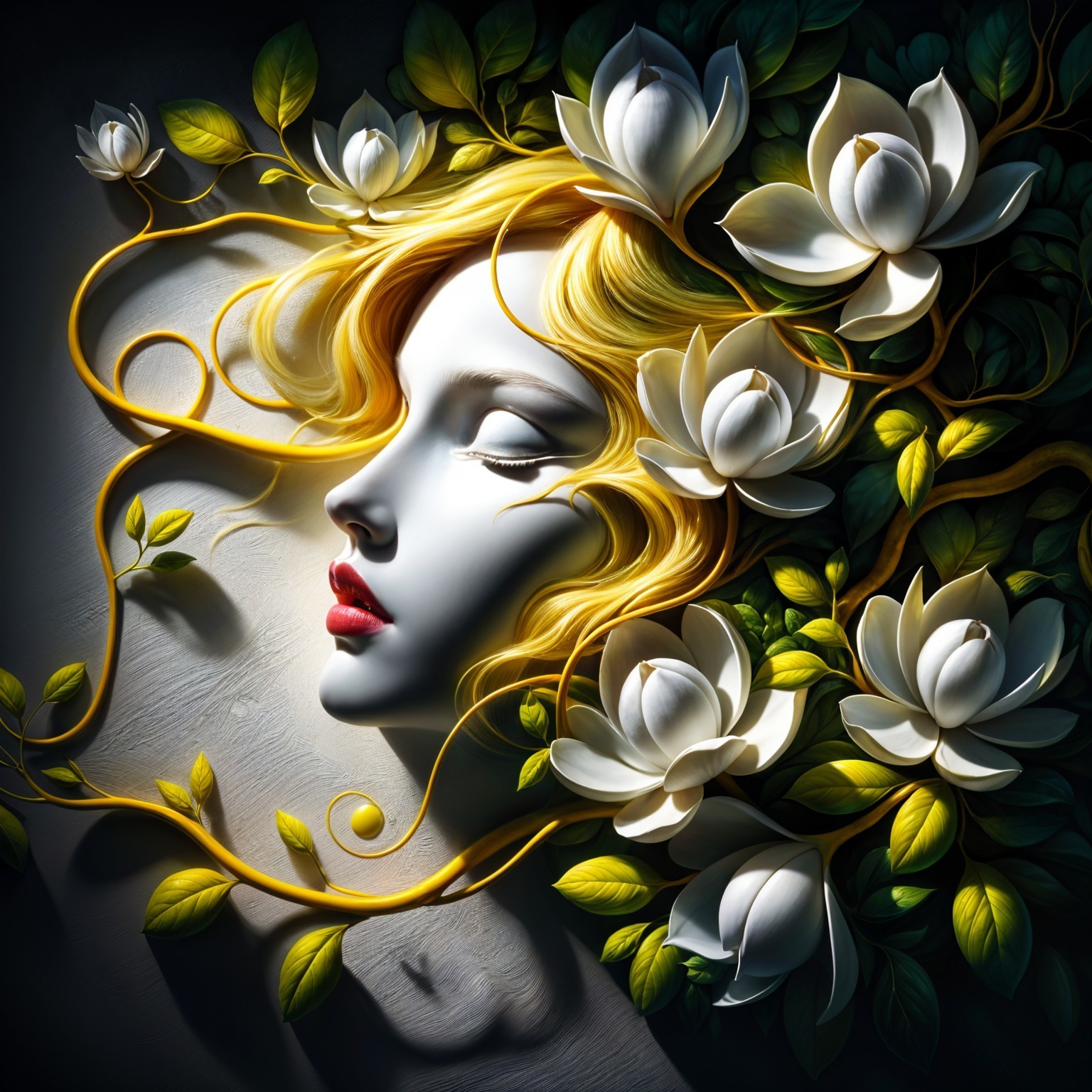 Surreal Woman's Face with Vines and Flowers