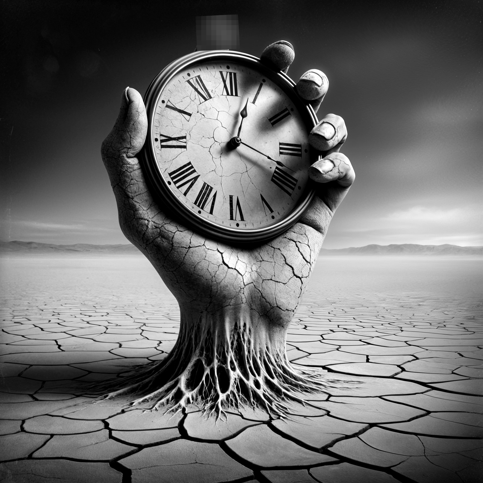 Surreal Cracked Hand and Clock in Barren Landscape