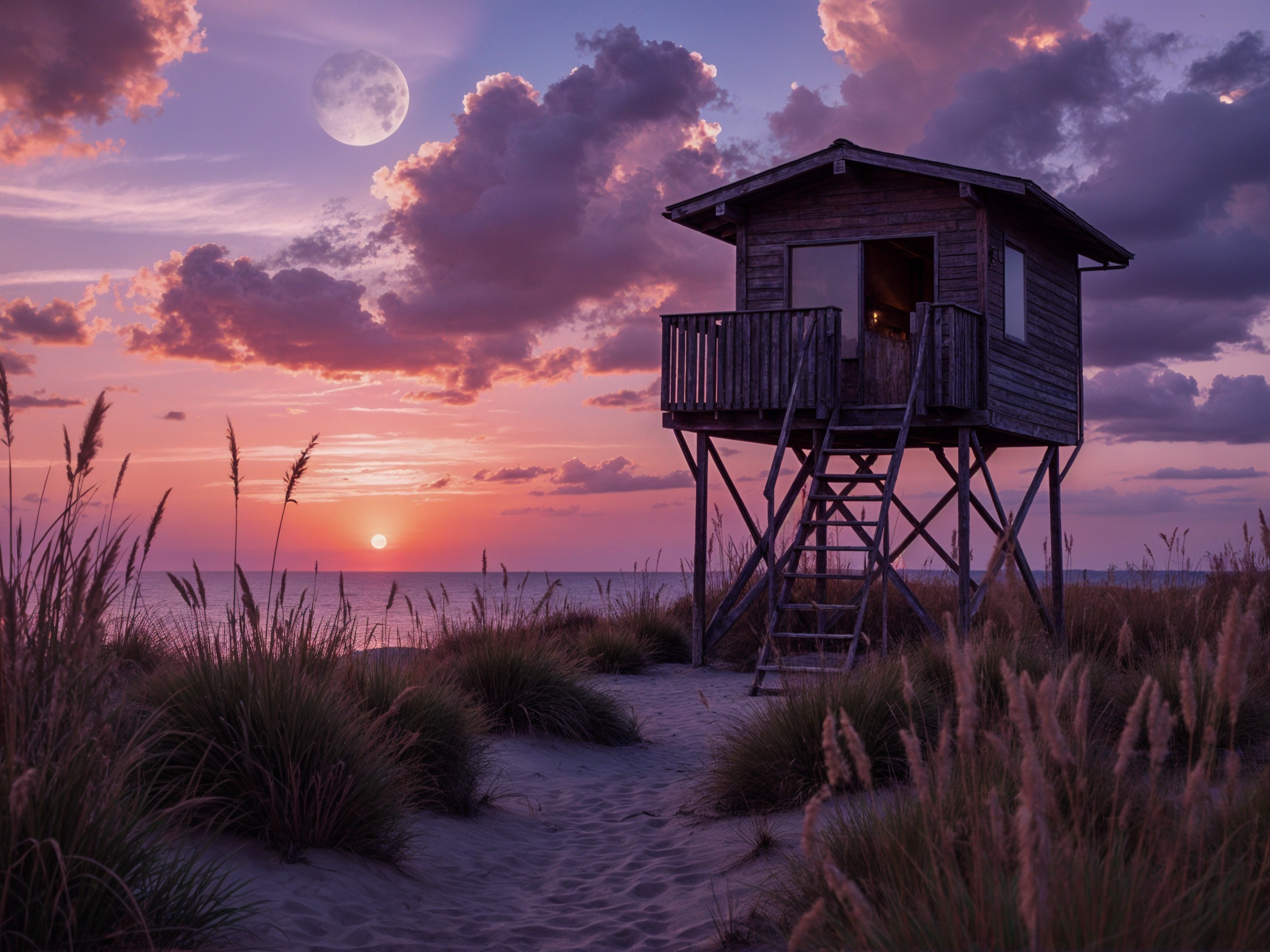 Serene Beach Scene with Lookout Cabin at Sunset