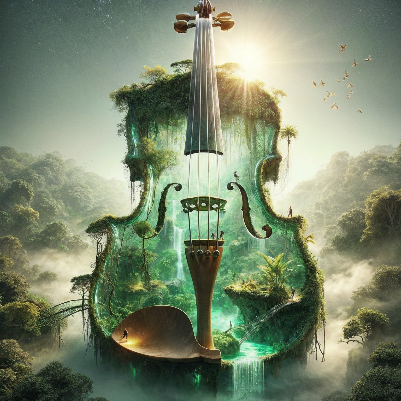 Giant Violin in Lush Jungle with Waterfalls and Wildlife
