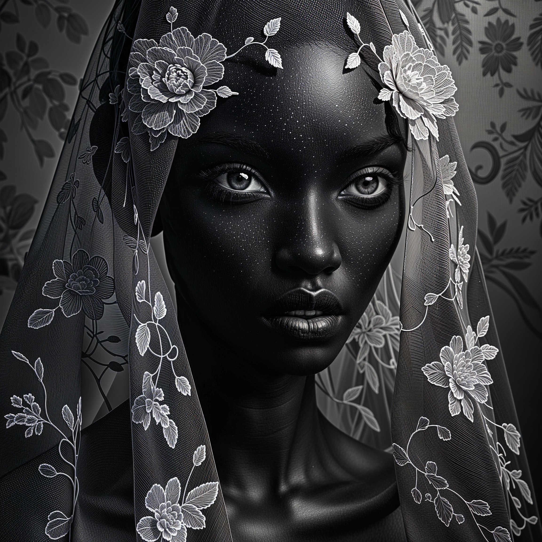Striking figure with floral-embroidered veil and lace