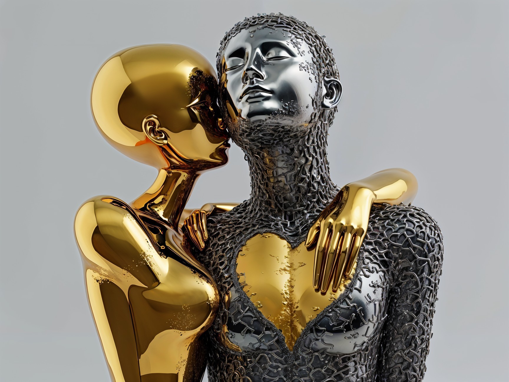 Humanoid Figures in Gold and Silver Embrace with Heart Cut-Out