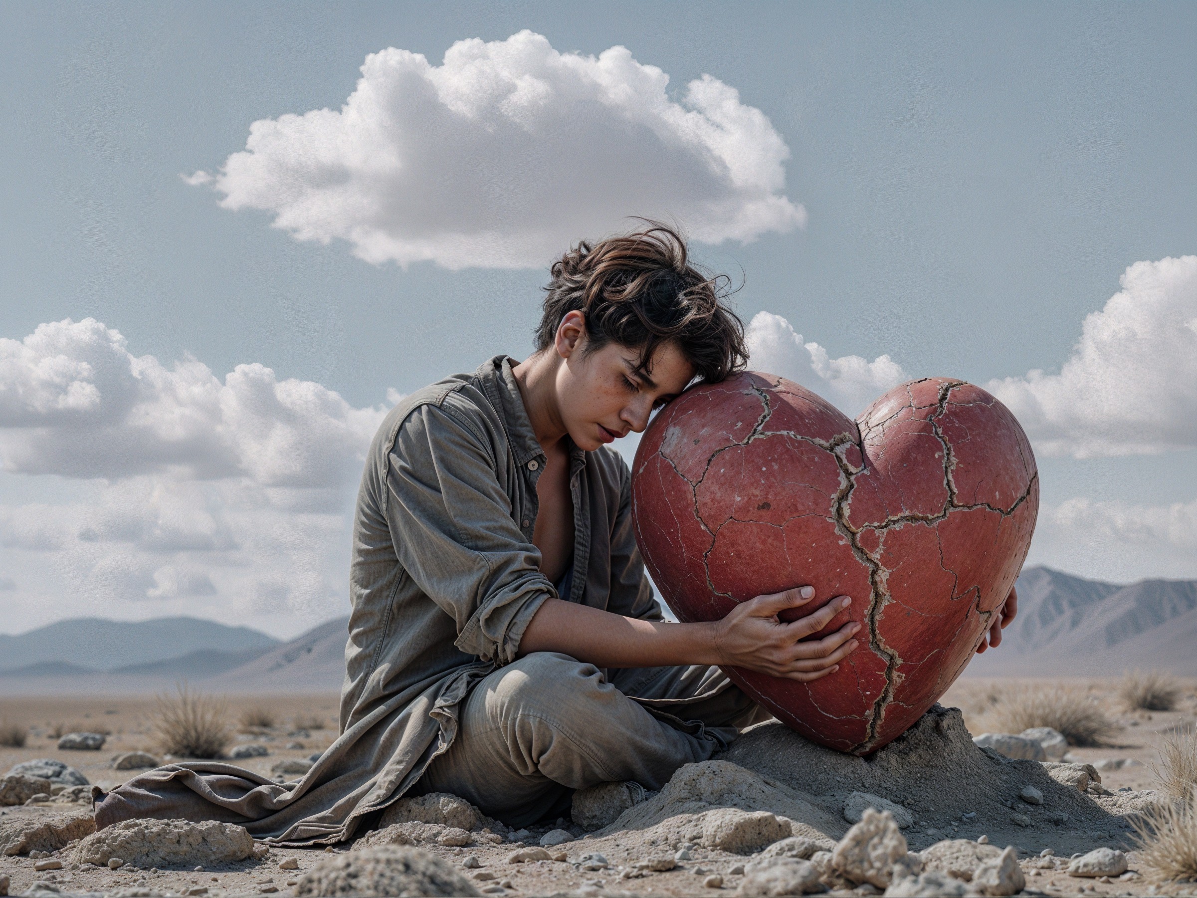 Young person with cracked red heart in barren landscape