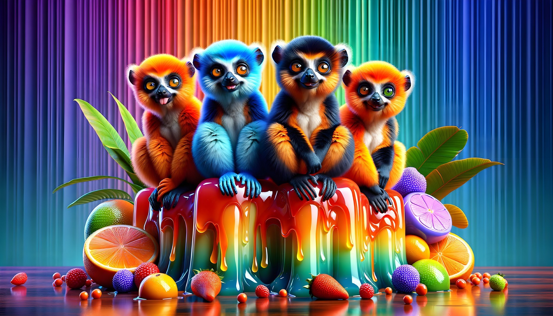 Colorful Animated Lemurs on Oversized Jelly Dessert