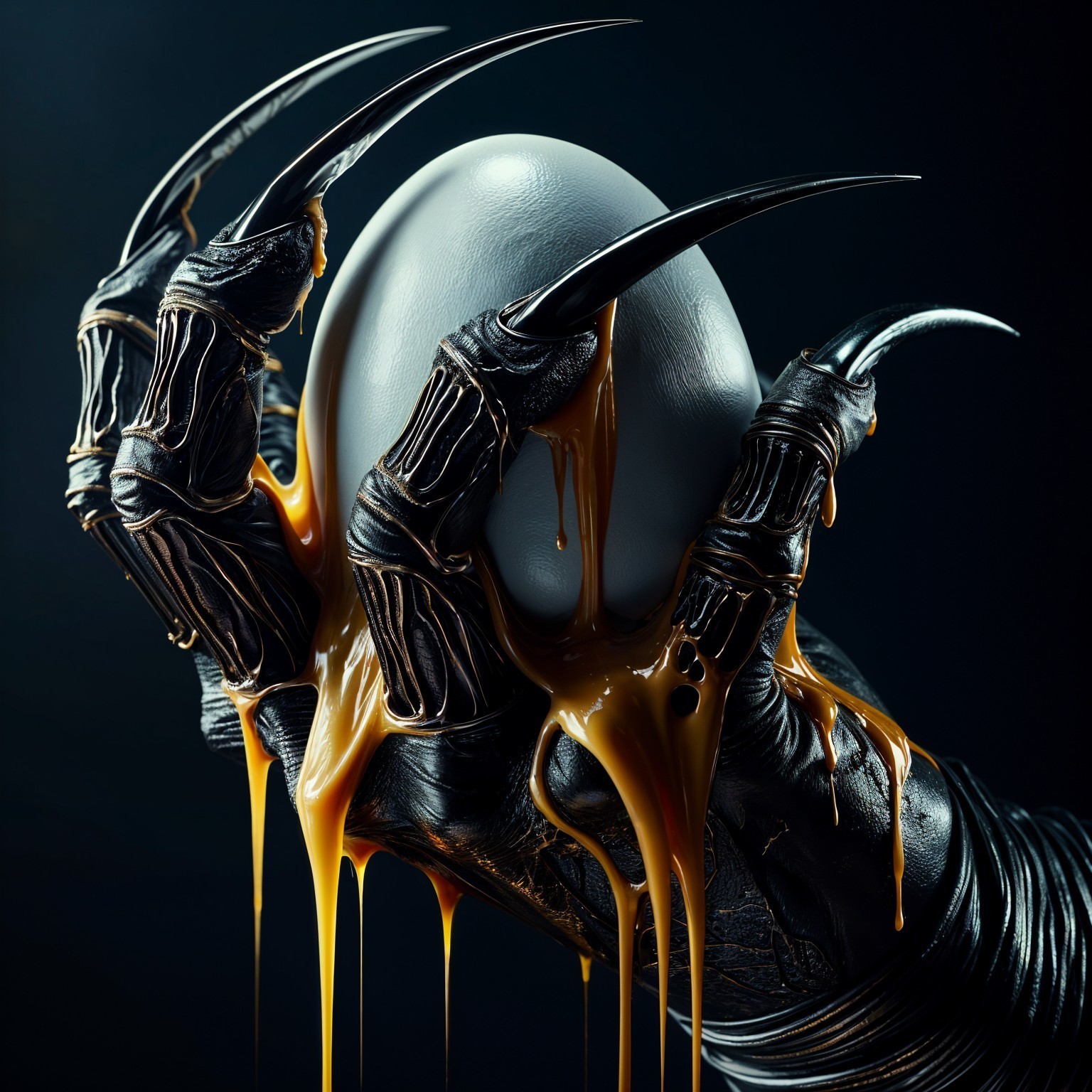 Sinister Hand Holding Glossy Egg with Golden Substance