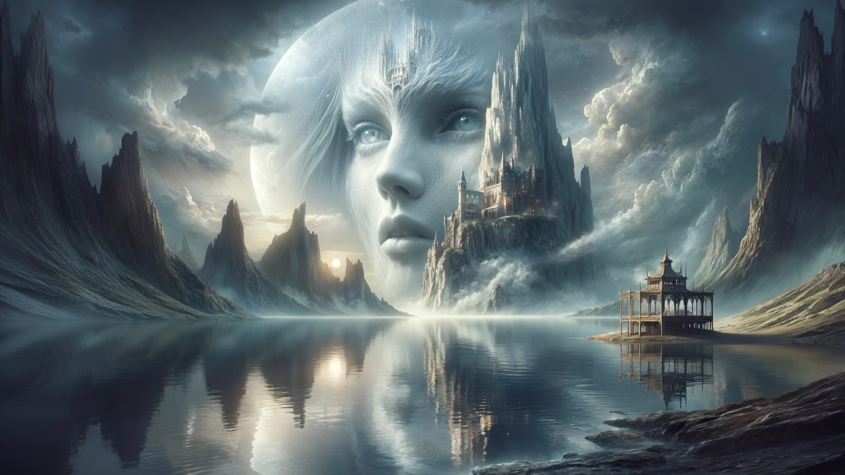 Serene landscape with mountains, castle, and lake reflection