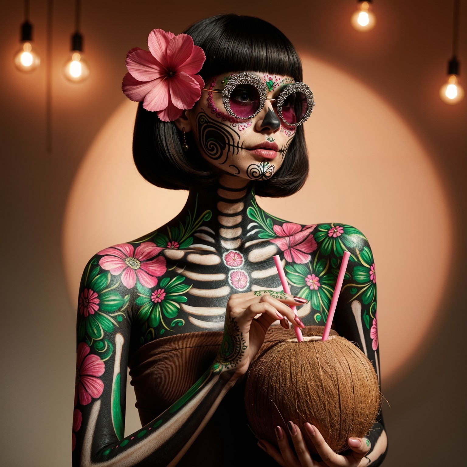 Colorful Sugar Skull Body Paint with Floral Patterns