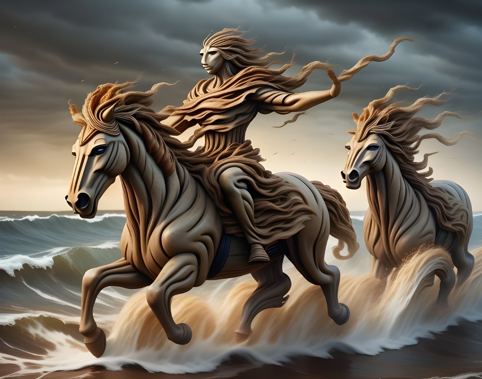 Illustration of a female figure on wooden horses at sea