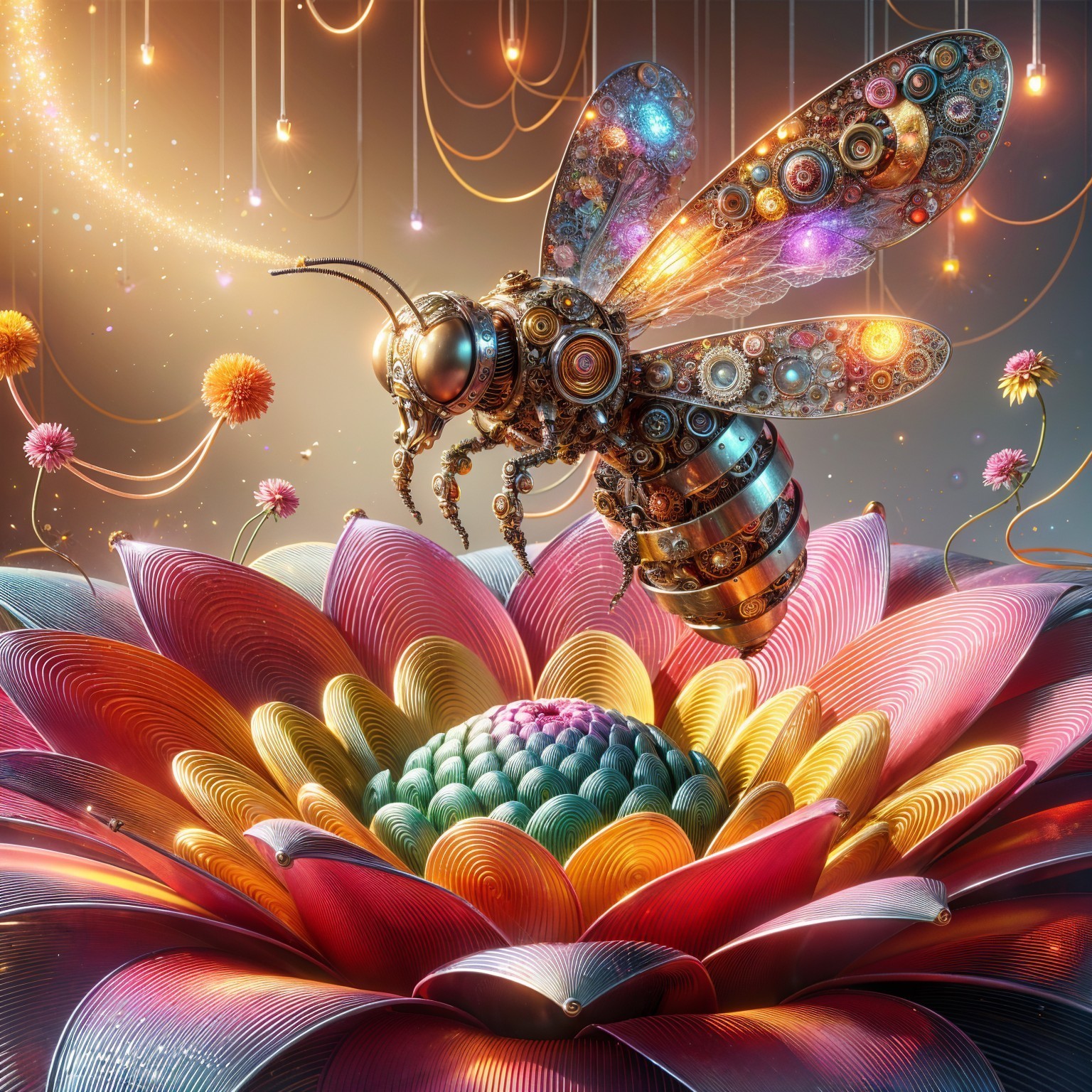 Steampunk Scene with Metallic Bee and Colorful Flower