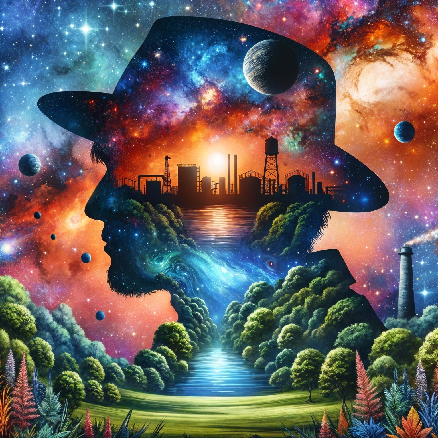 Cosmic Silhouette of a Man with Nature and Industry