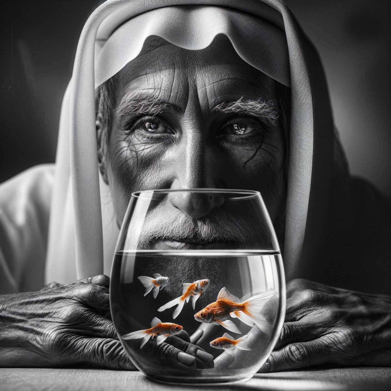 Elderly Man Reflecting on Goldfish in Black and White