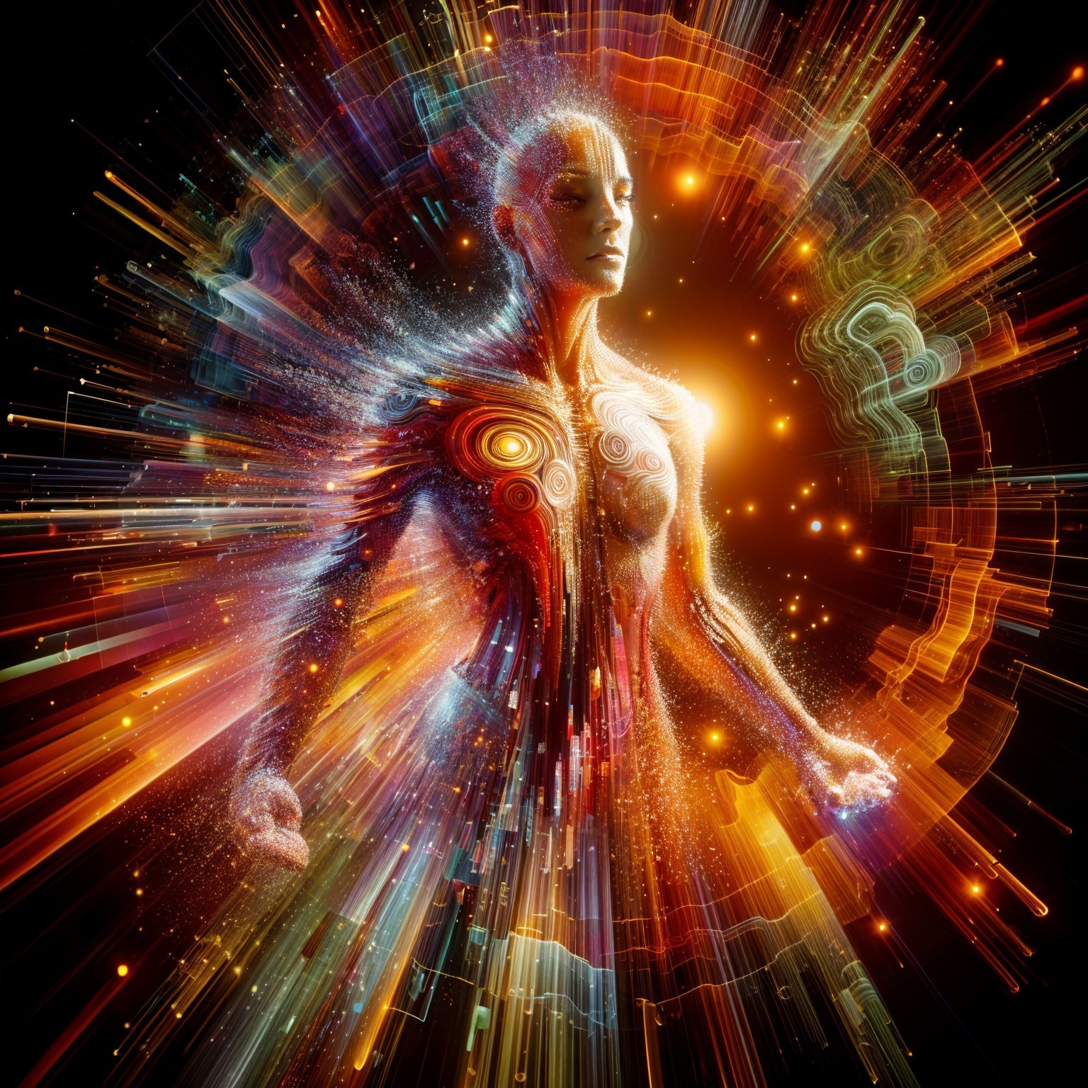 Ethereal Figure Surrounded by Vibrant Colors and Light