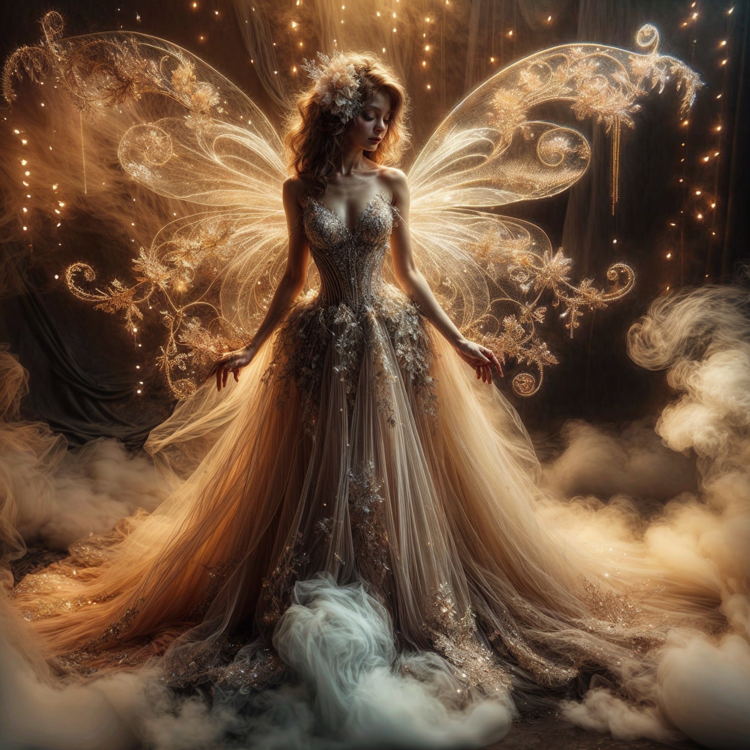 Graceful figure in intricate gown with ethereal wings