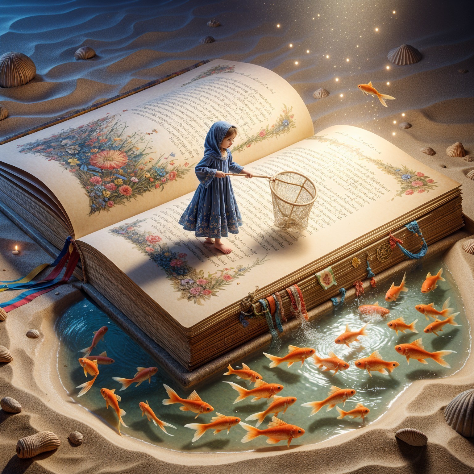 Young Girl in Blue Dress on Oversized Book Scene