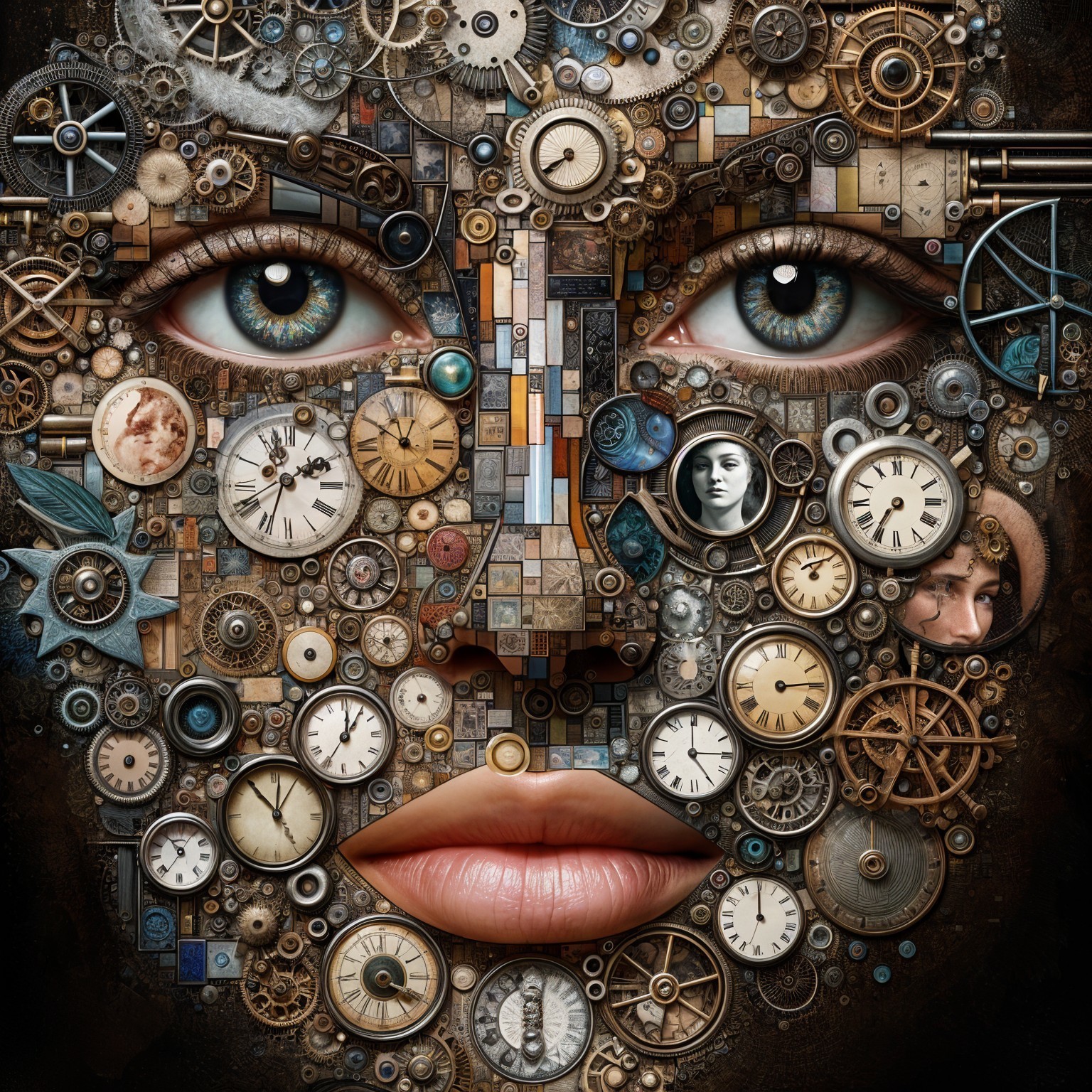 Surreal Face Made of Mechanical Components and Timepieces
