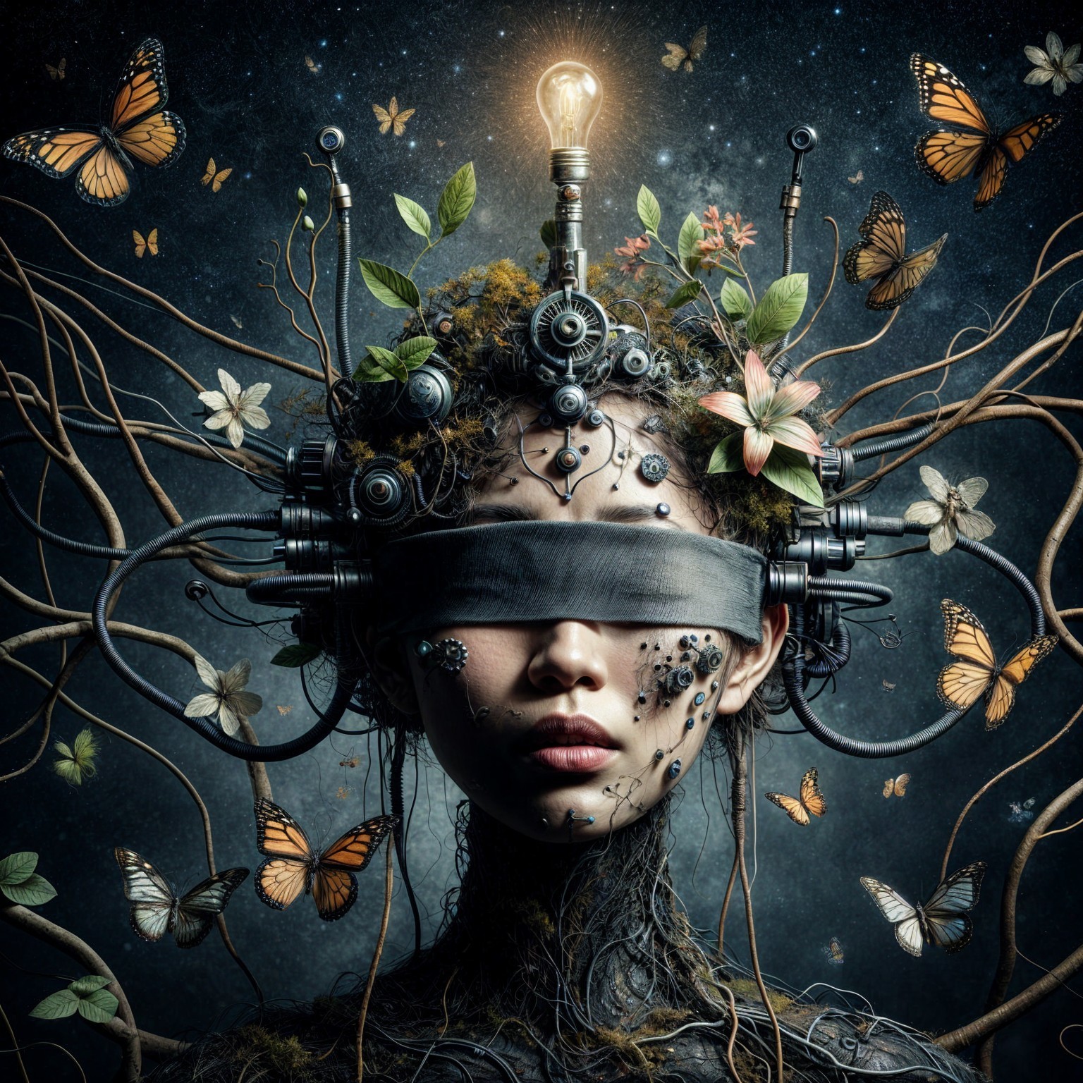 Woman with Blindfold Surrounded by Nature and Technology