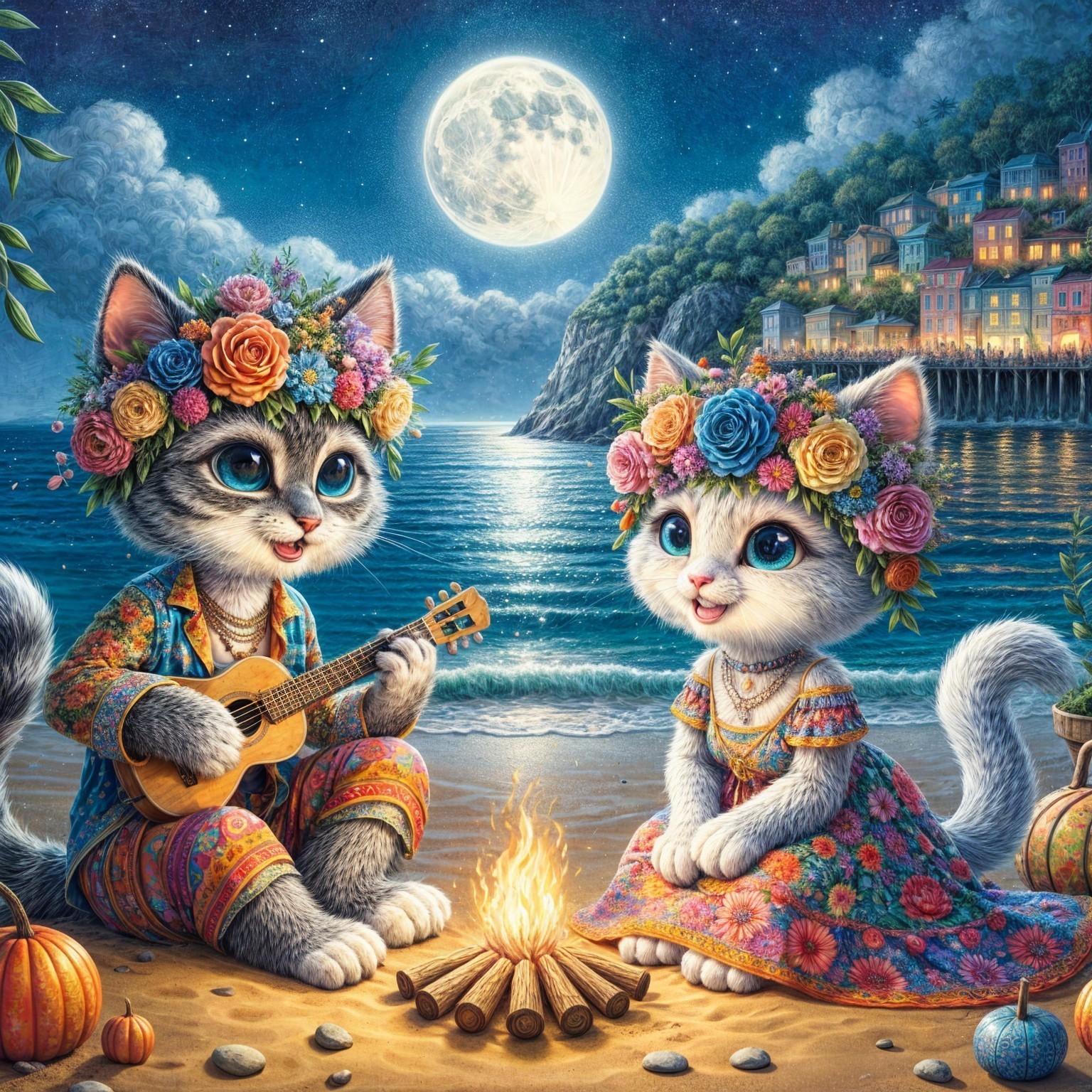 Cats by Campfire on Beach Under Full Moon