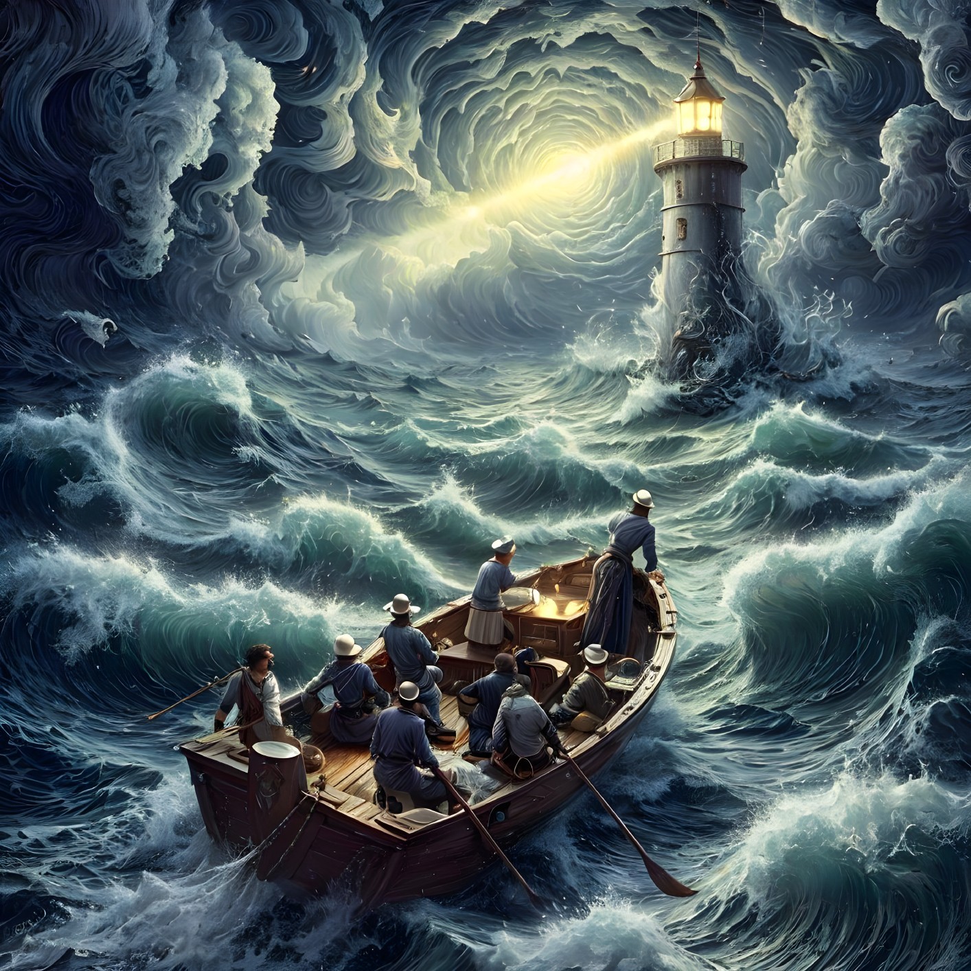 Boat Navigating Turbulent Waves Under Swirling Sky