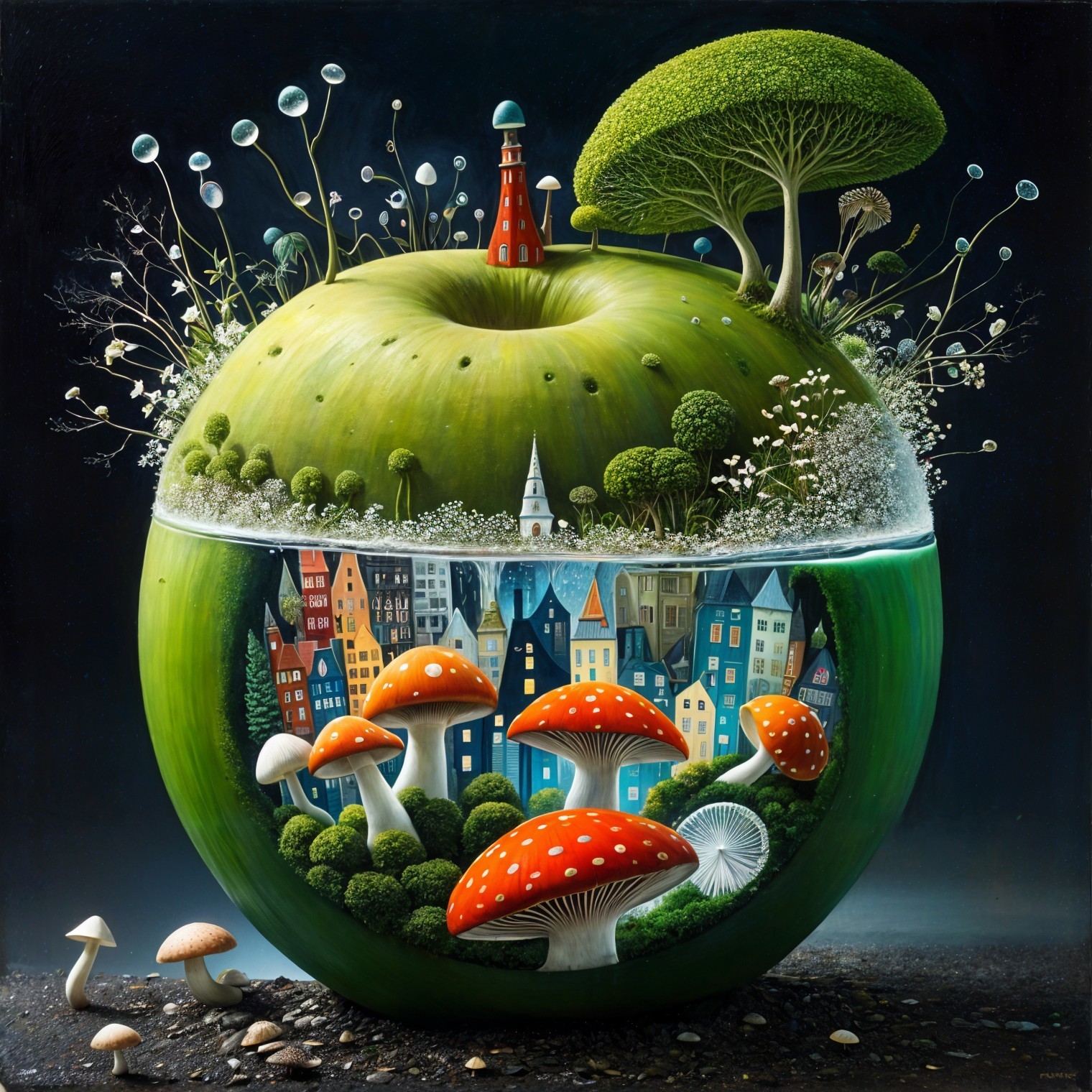 Surreal Green Apple Ecosystem with Vibrant Details