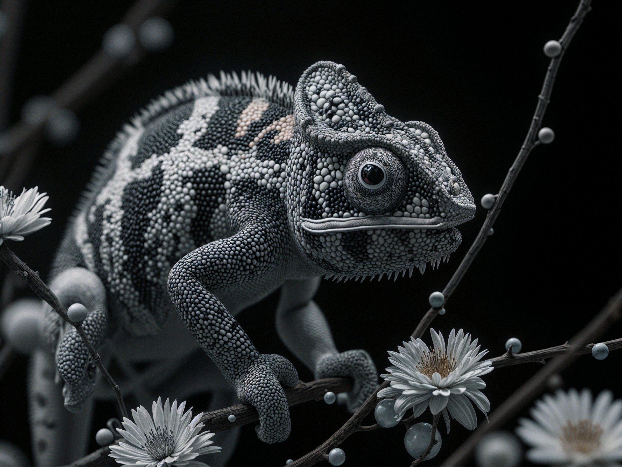 Close-Up of Textured Chameleon on Flowering Branch