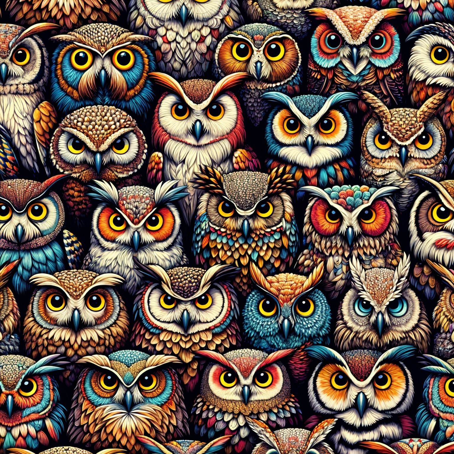 Colorful Illustration of Diverse Owls in Enchanting Scene