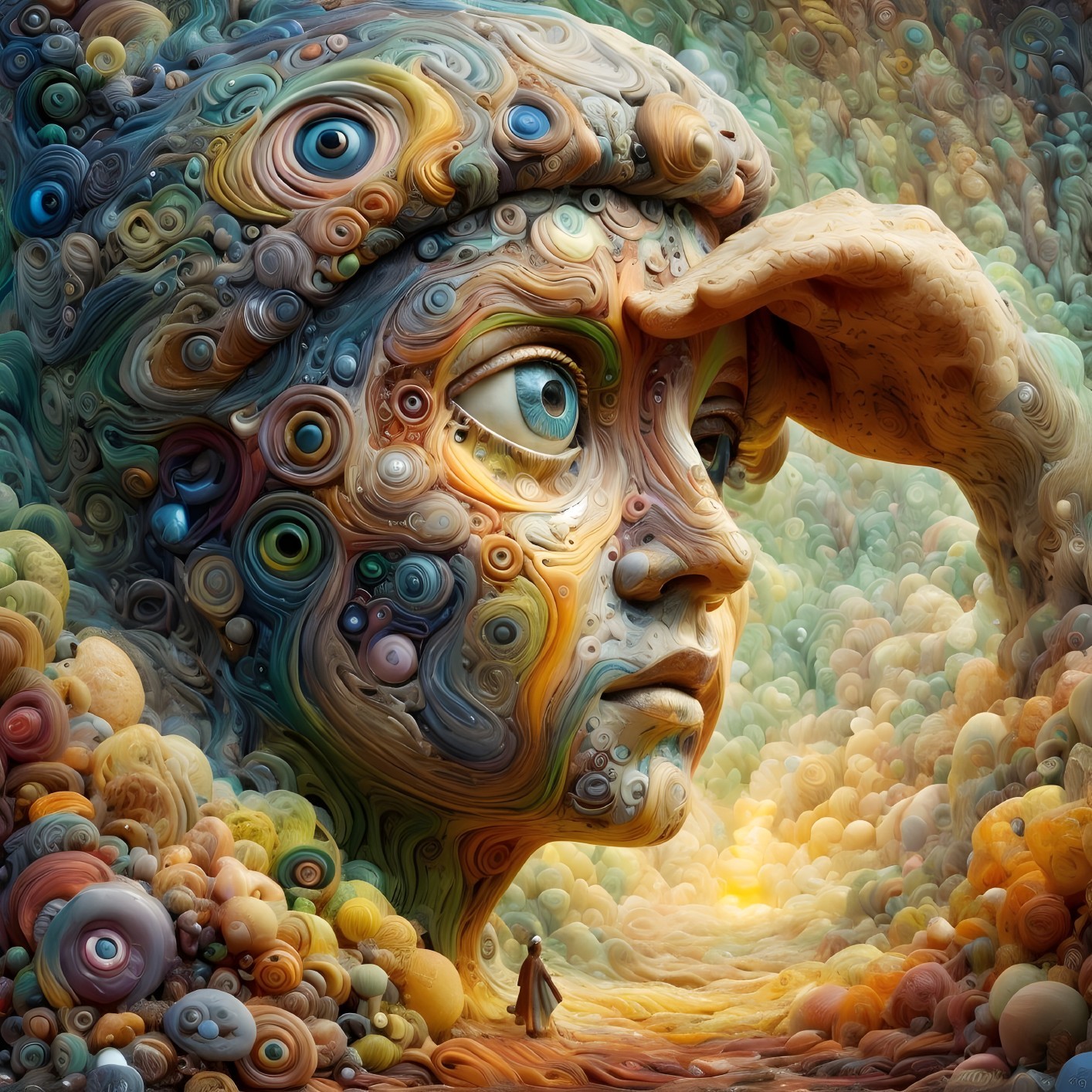 Surreal Landscape with Textured Face and Colorful Background