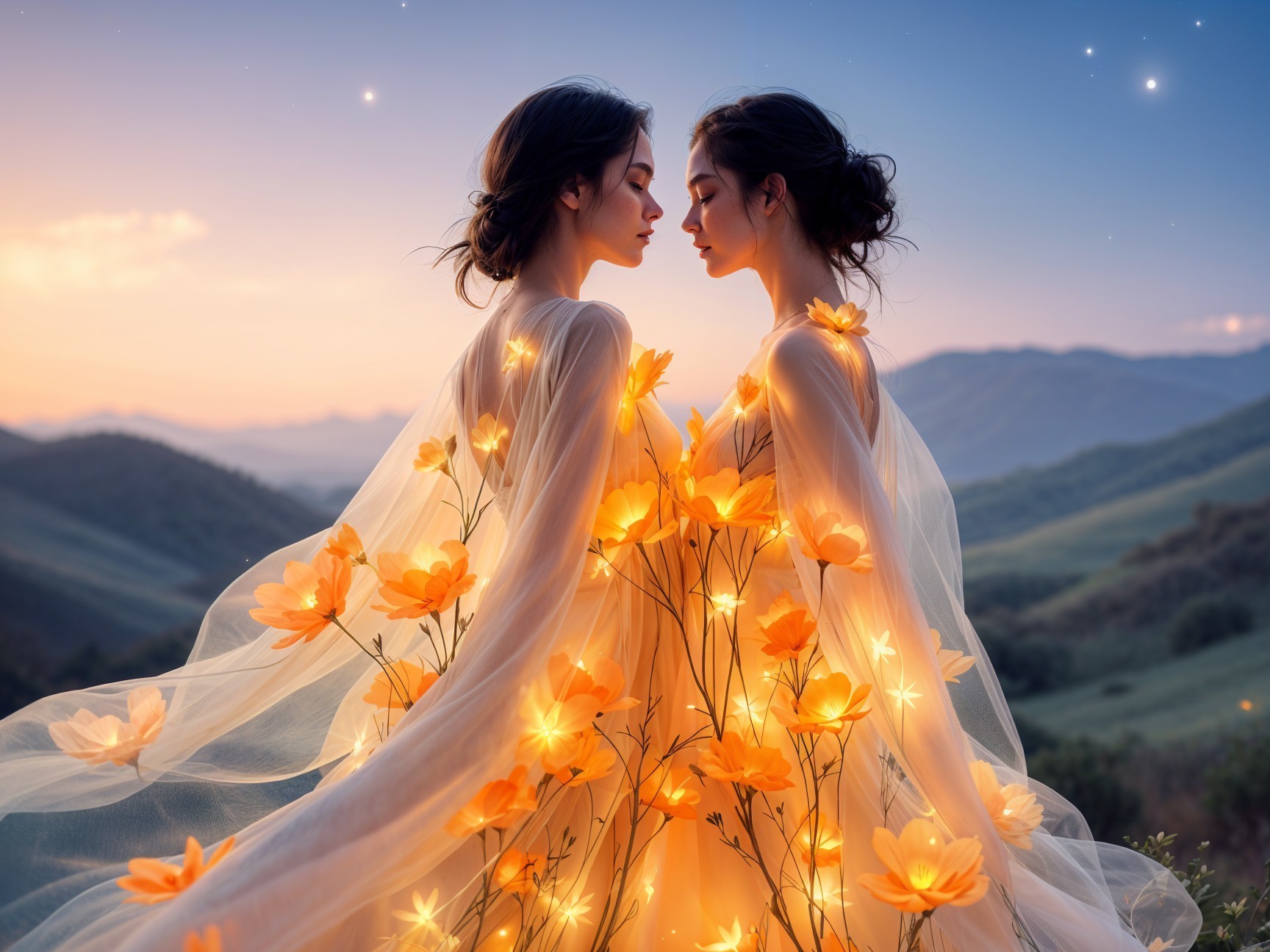 Ethereal Women in Flowing Fabric Against Twilight Sky