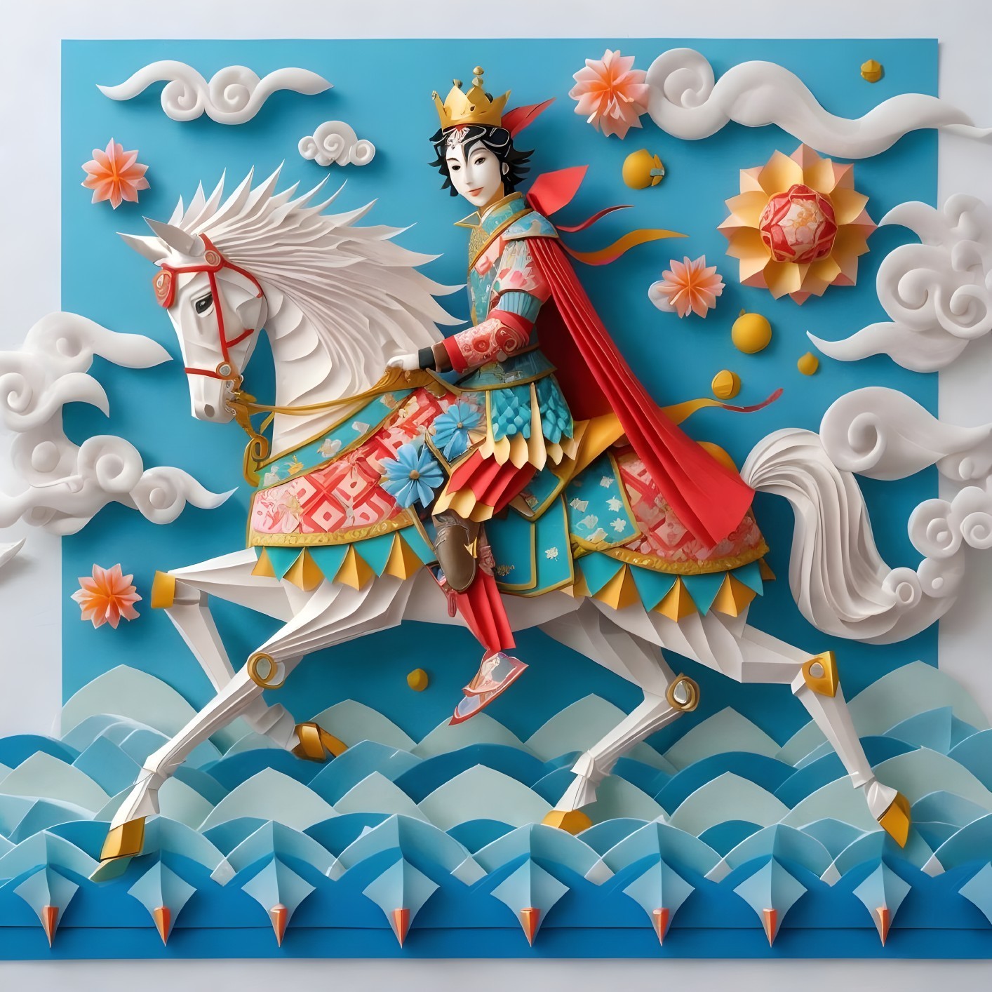 Vibrant Paper Art of Regal Figure on White Horse