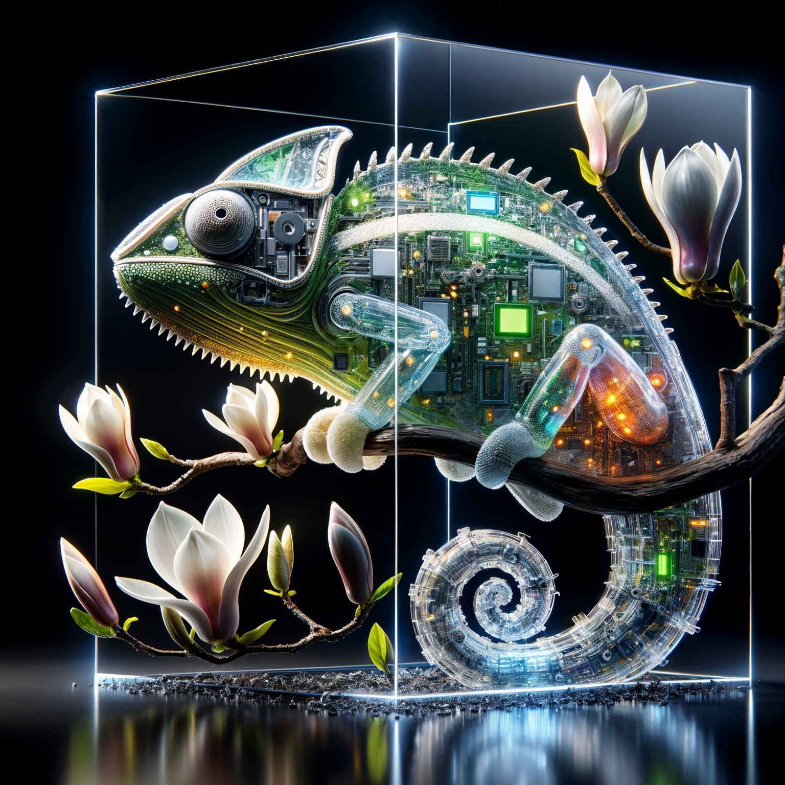 Futuristic Chameleon with Circuitry in Glass Cube