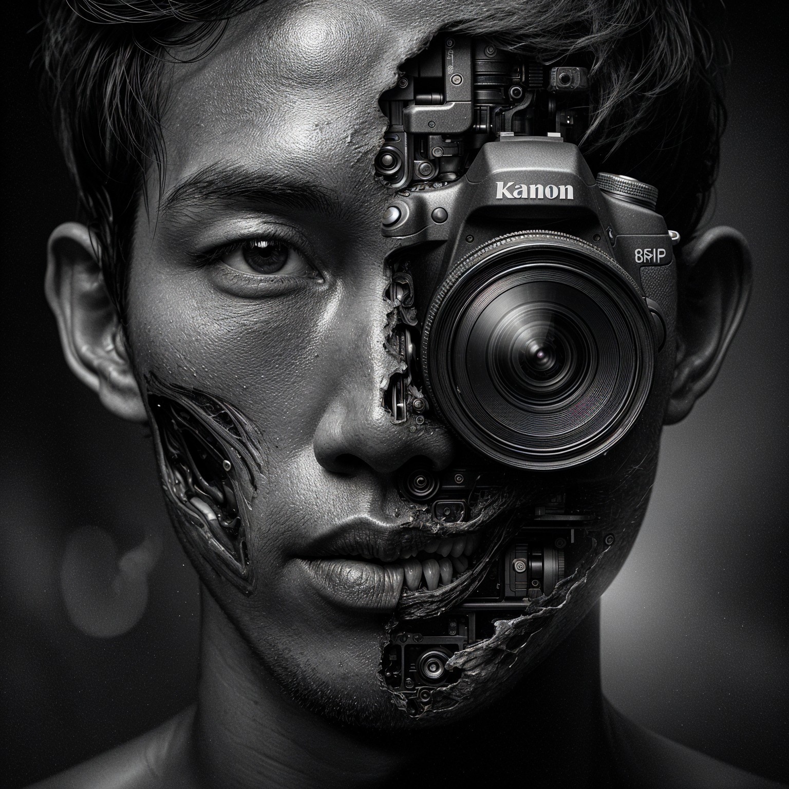 Portrait of a Man Blending Human and Robotic Features