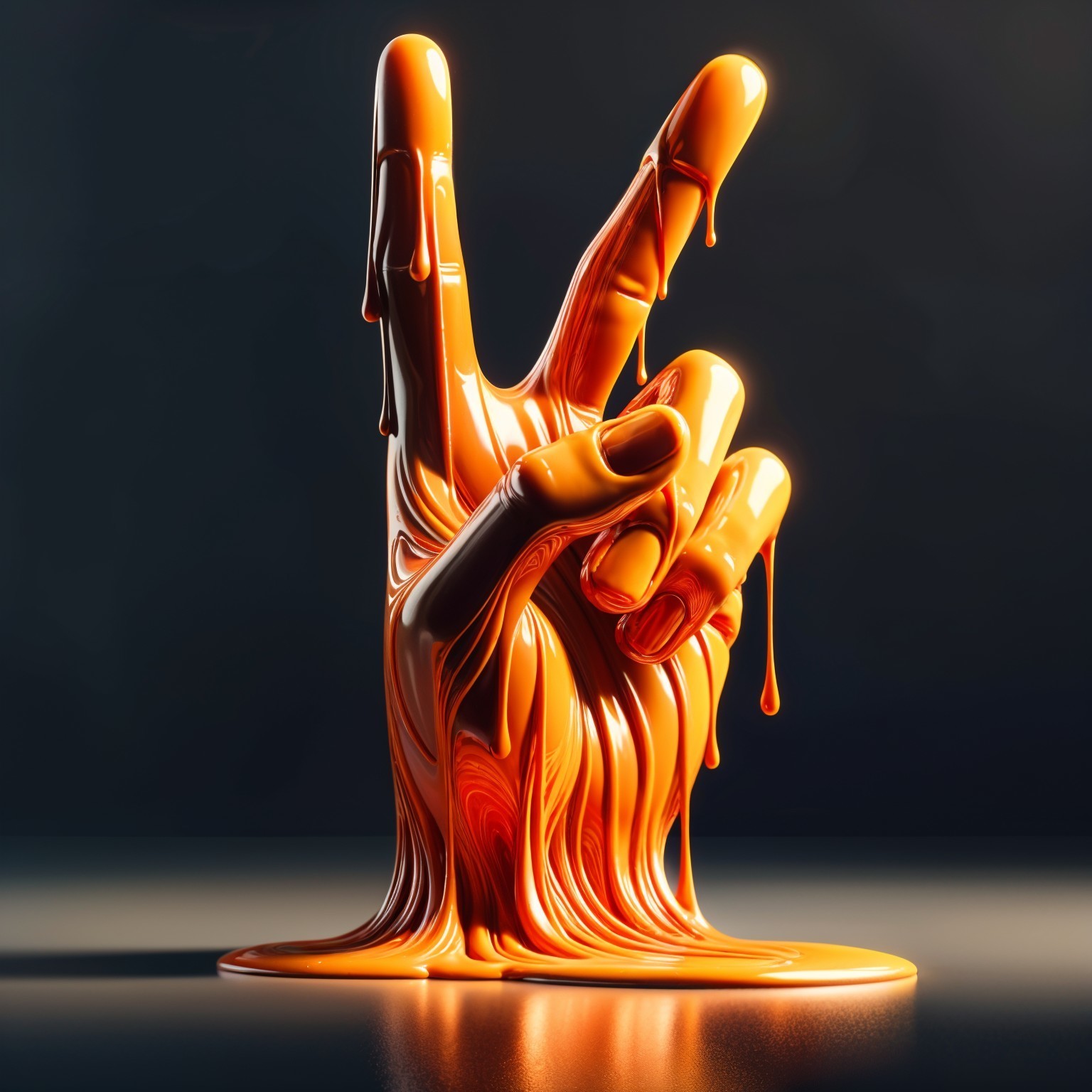 Vibrant Orange Peace Sign Hand in Melting Substance